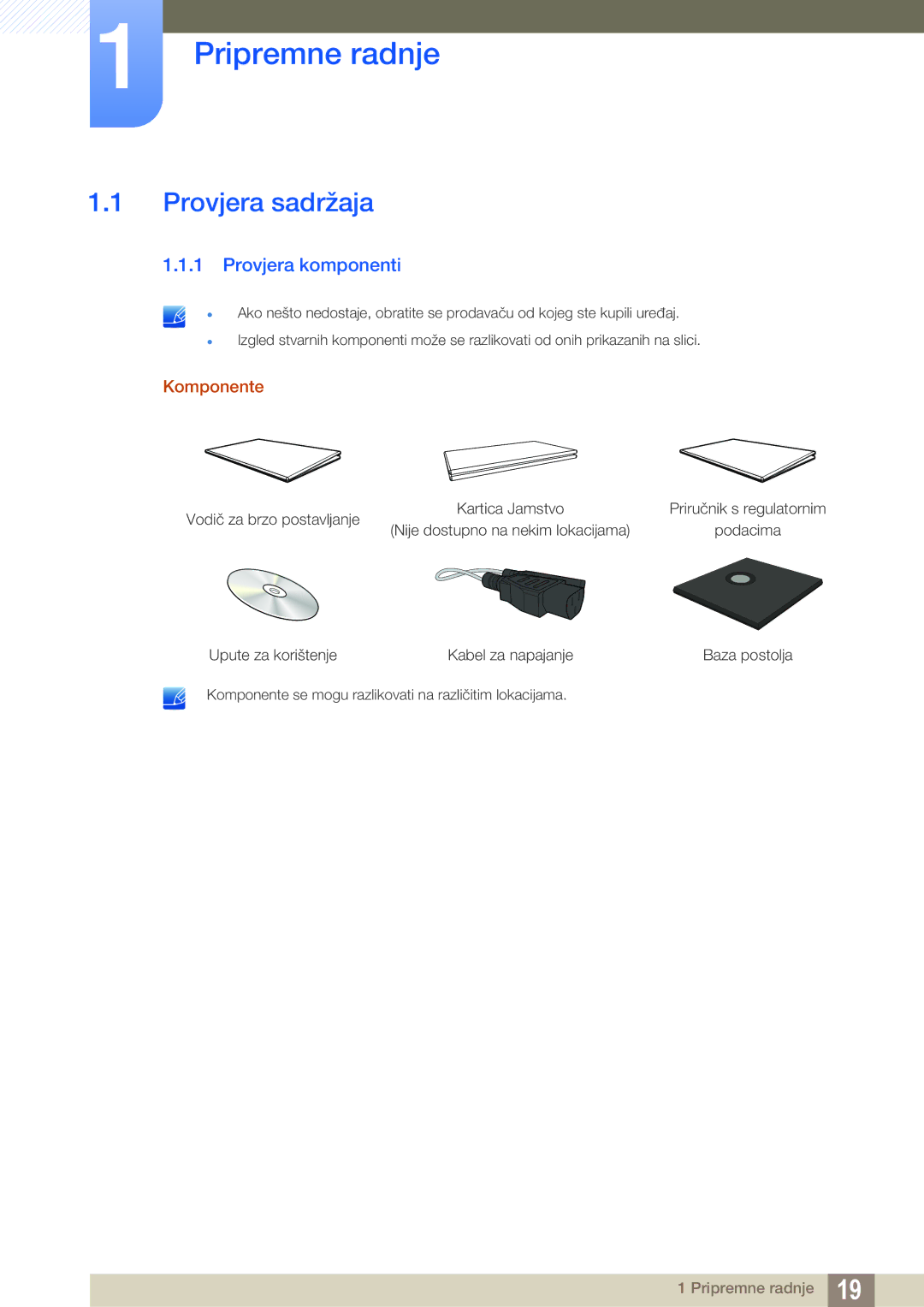 Samsung LF24FN1PFBZXEN, LF22NTBHBNM/EN manual Pripremne radnje, Provjera sadržaja, Provjera komponenti, Komponente 