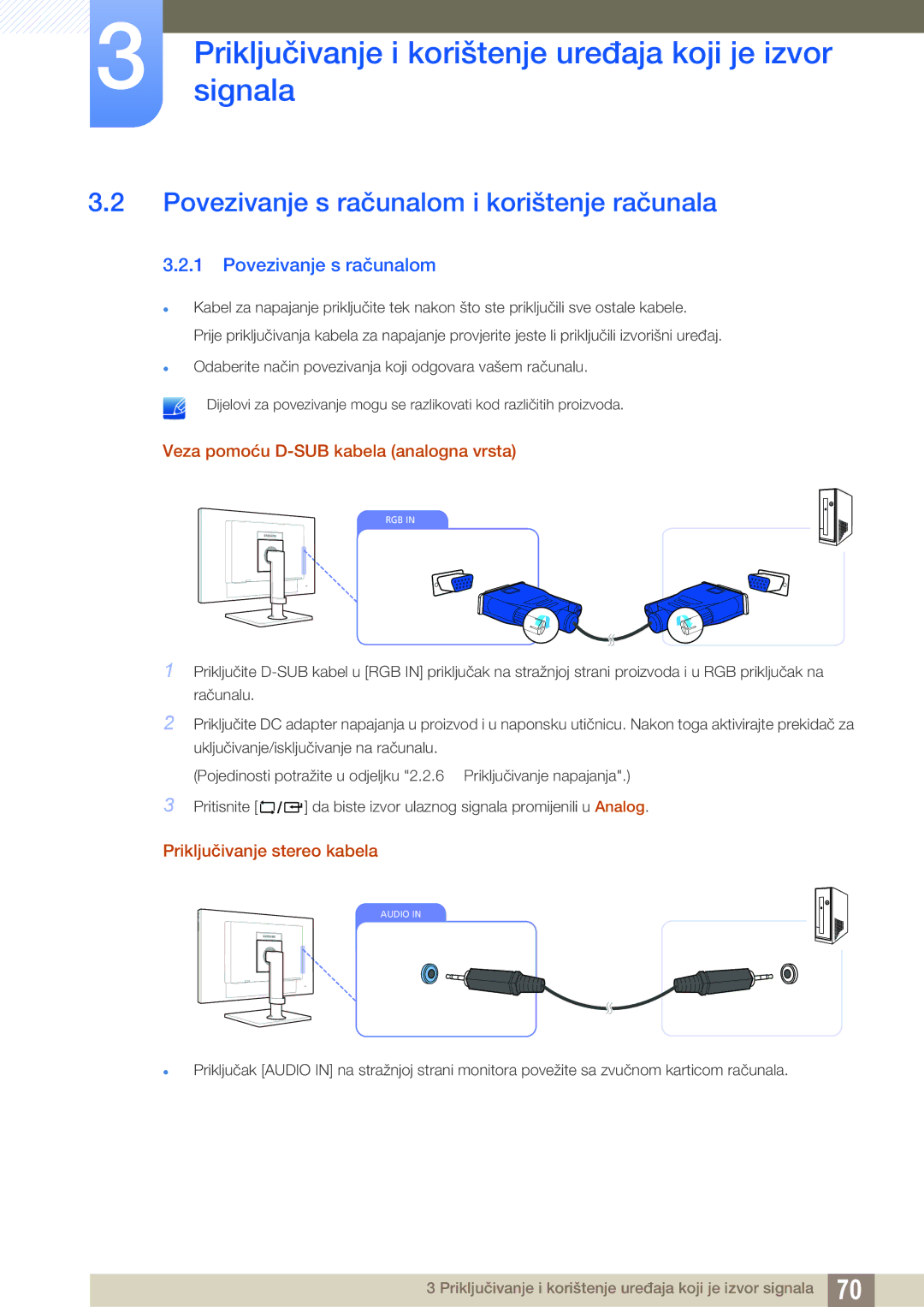 Samsung LF22NTBHBNM/EN manual Povezivanje s računalom i korištenje računala, Veza pomoću D-SUB kabela analogna vrsta 