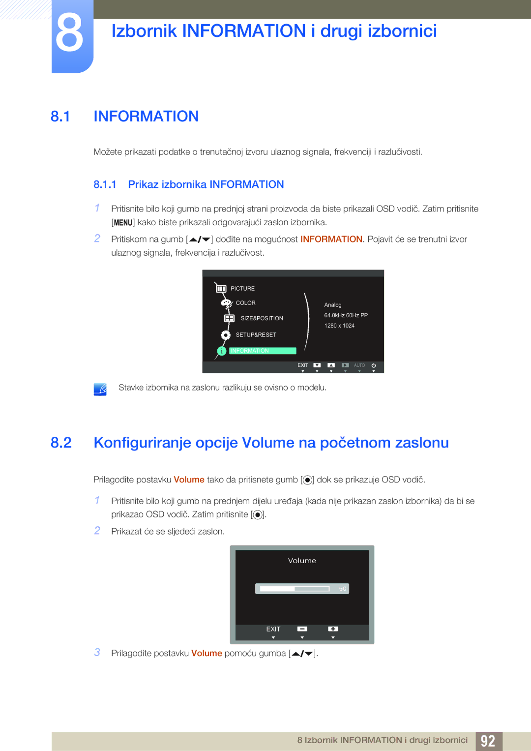 Samsung LF22NTBHBNM/EN manual Izbornik Information i drugi izbornici, Konfiguriranje opcije Volume na početnom zaslonu 