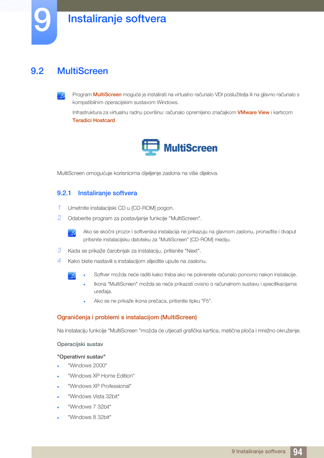 Samsung LF22NTBHBNM/EN, LF24FN1PFBZXEN manual Instaliranje softvera, Ograničenja i problemi s instalacijom MultiScreen 