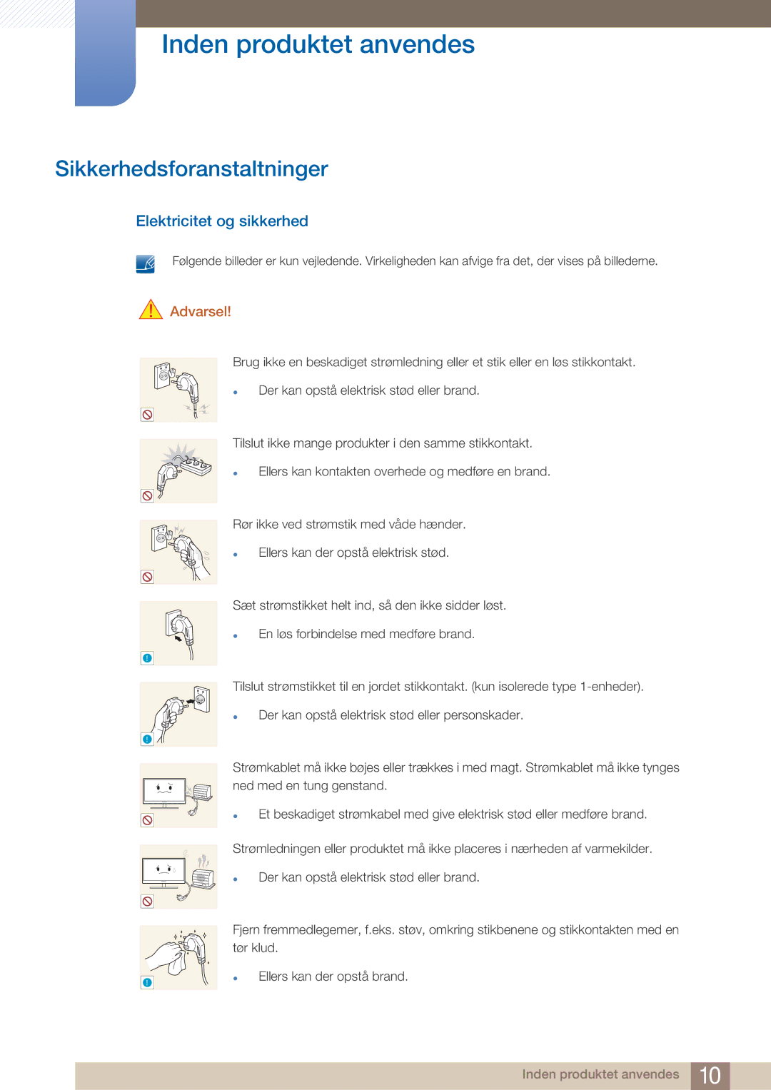 Samsung LF22NTBHBNM/EN manual Sikkerhedsforanstaltninger, Elektricitet og sikkerhed 