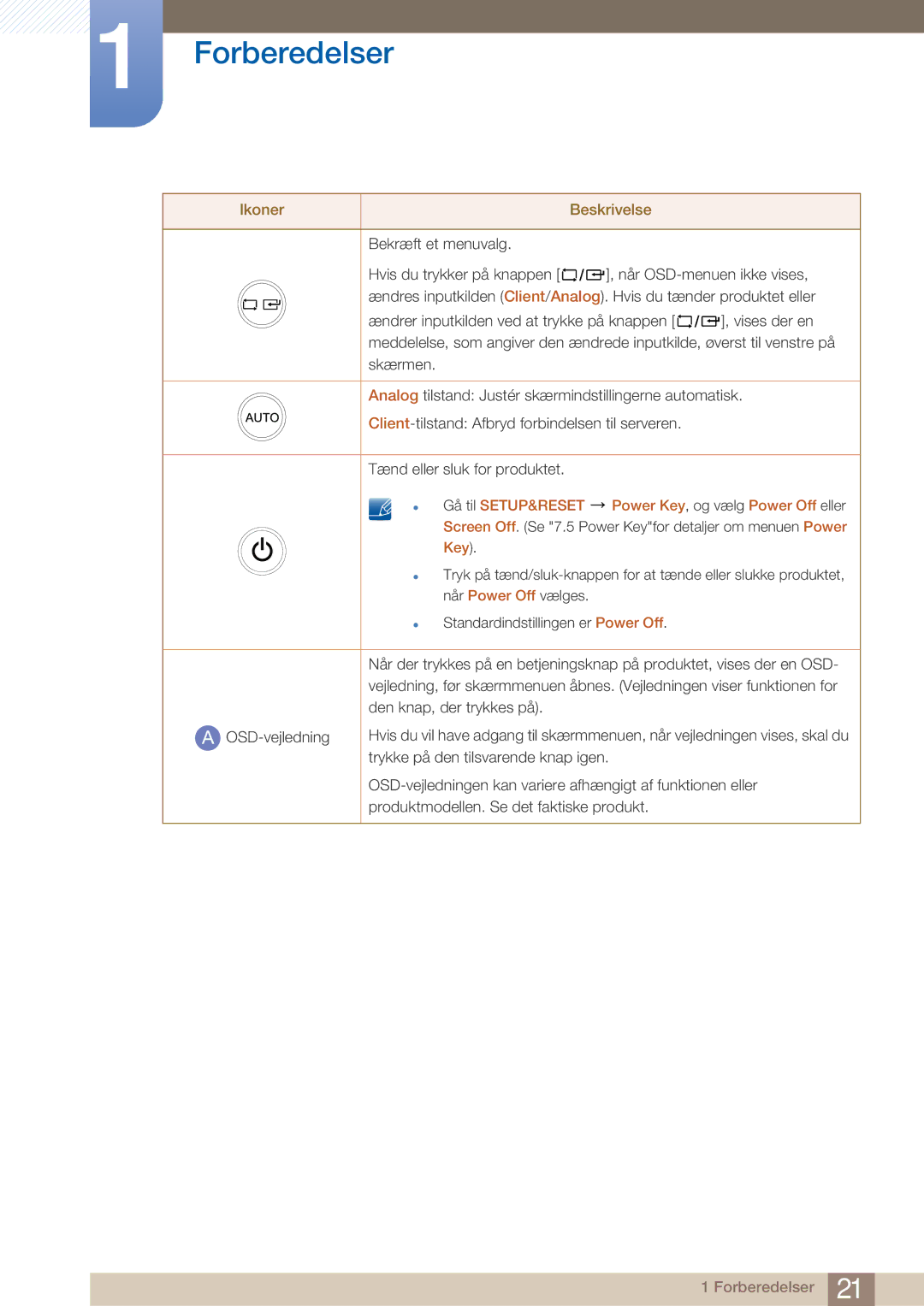 Samsung LF22NTBHBNM/EN manual  Gå til SETUP&RESET Power Key, og vælg Power Off eller 