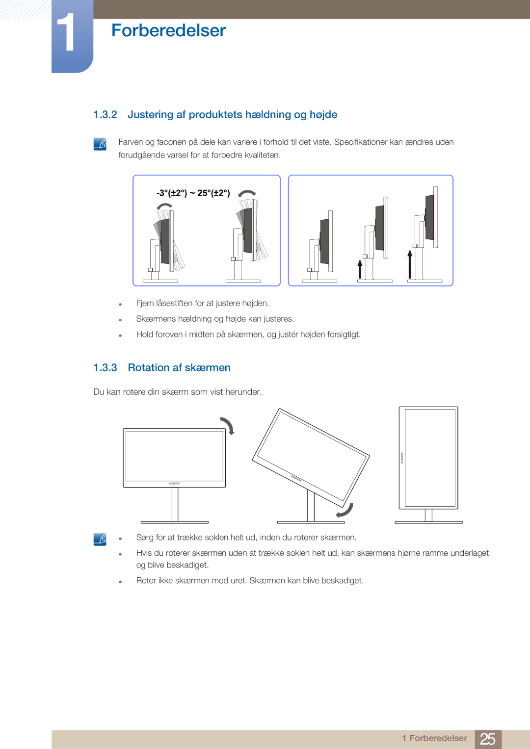 Samsung LF22NTBHBNM/EN manual Justering af produktets hældning og højde, Rotation af skærmen 