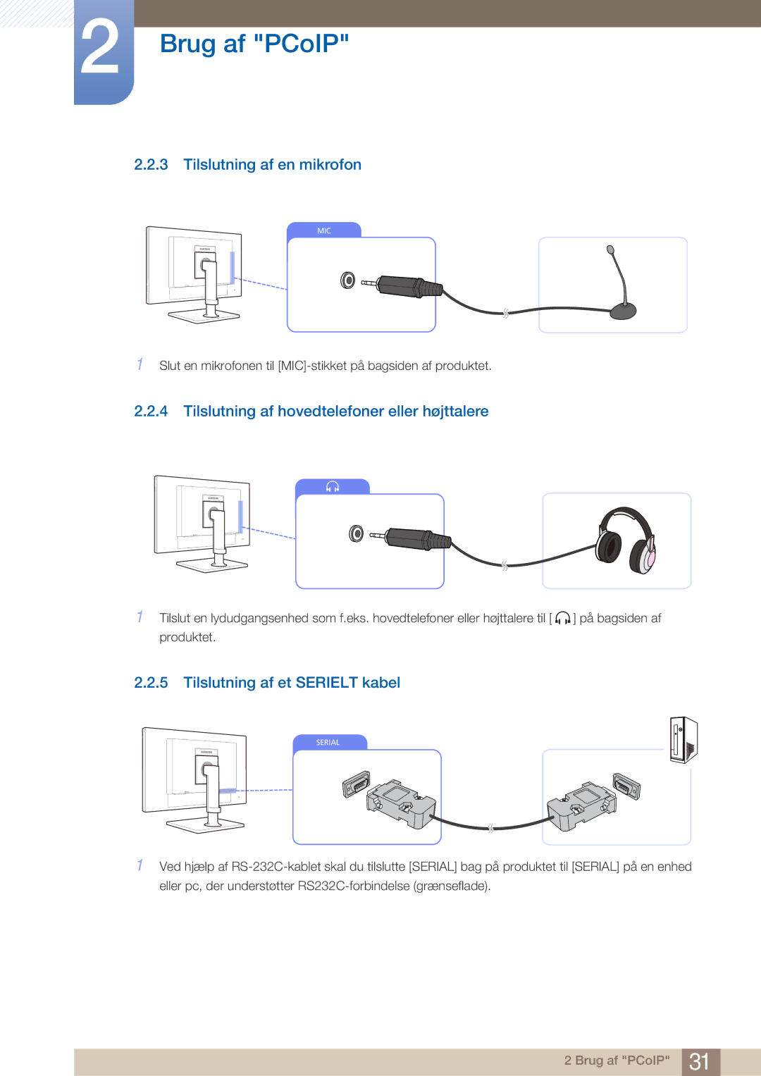 Samsung LF22NTBHBNM/EN manual Tilslutning af en mikrofon, Tilslutning af hovedtelefoner eller højttalere 