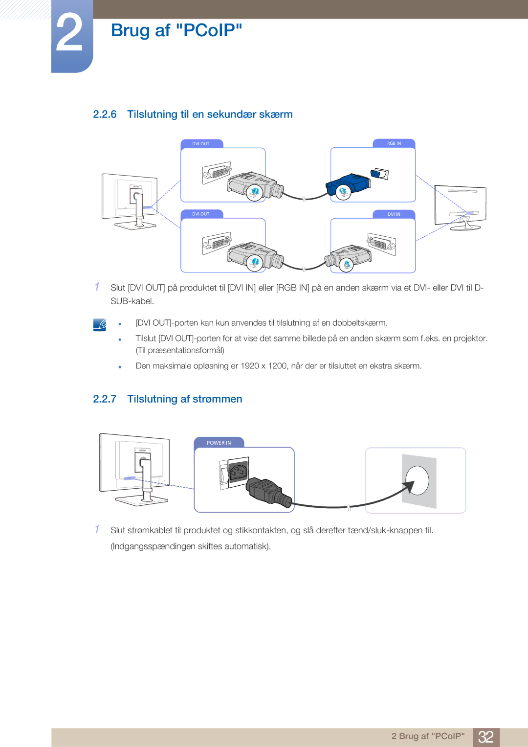 Samsung LF22NTBHBNM/EN manual Tilslutning til en sekundær skærm, Tilslutning af strømmen 