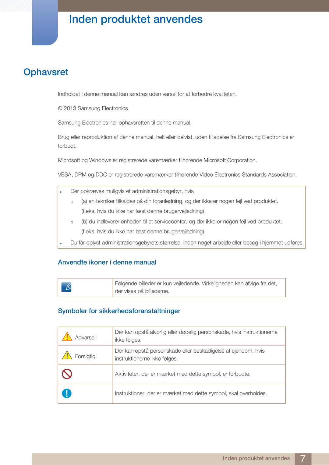 Samsung LF22NTBHBNM/EN Inden produktet anvendes, Ophavsret, Anvendte ikoner i denne manual 