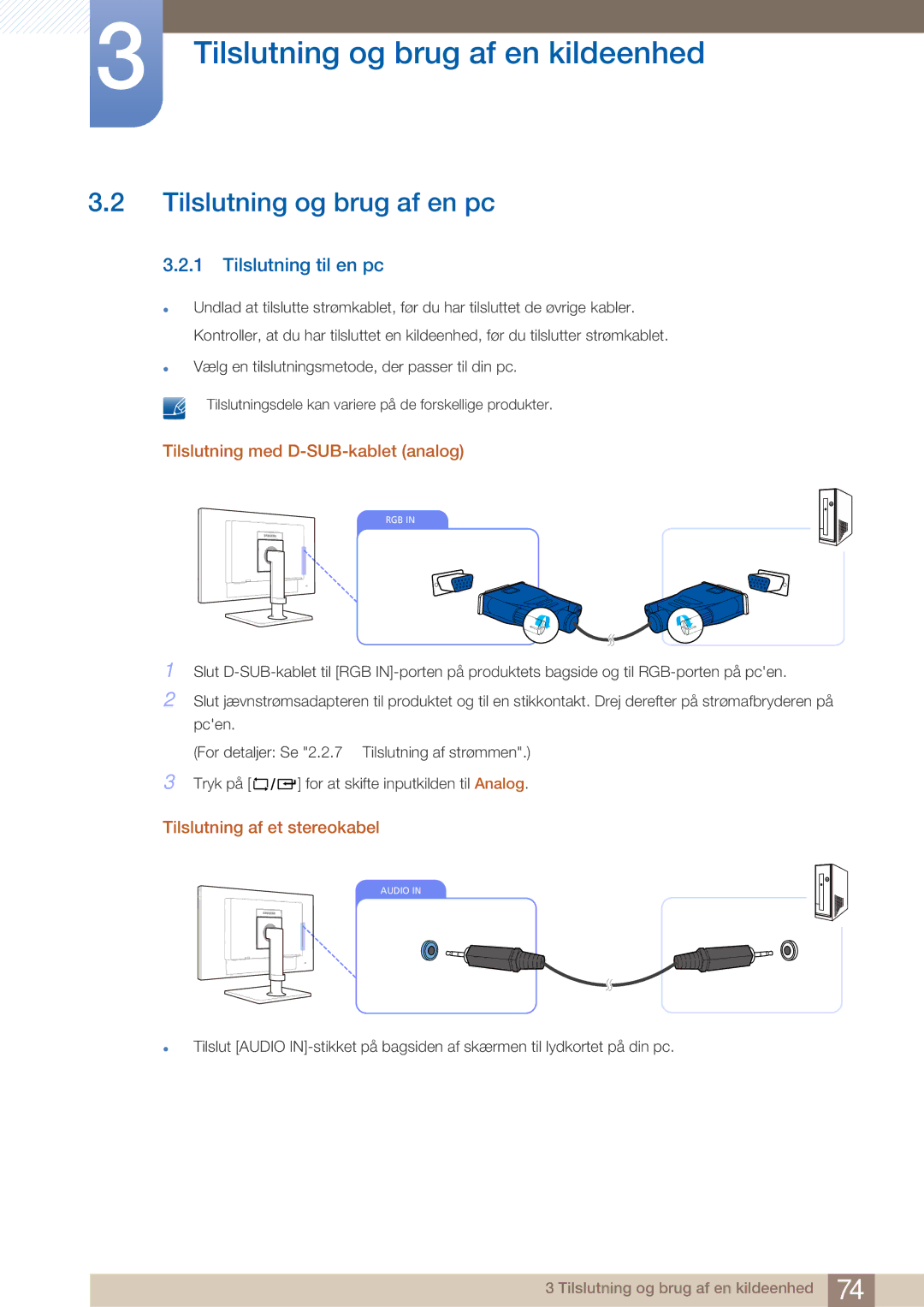 Samsung LF22NTBHBNM/EN manual Tilslutning og brug af en pc, Tilslutning til en pc, Tilslutning med D-SUB-kablet analog 