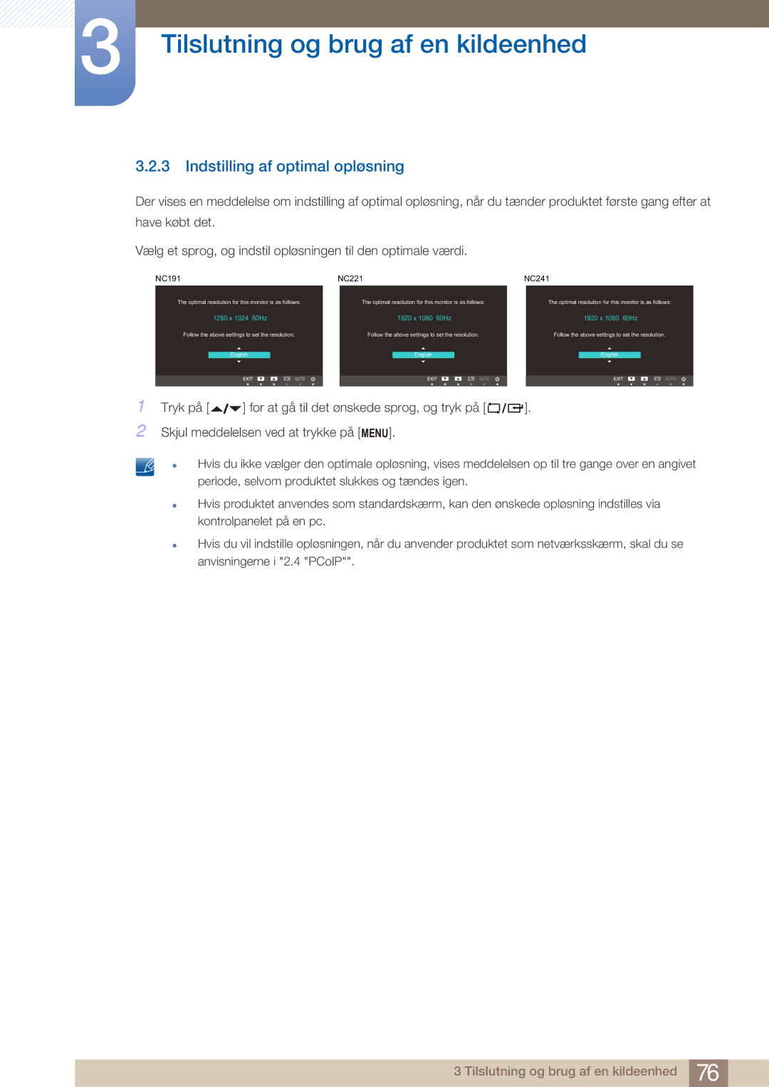 Samsung LF22NTBHBNM/EN manual Indstilling af optimal opløsning, NC191 NC221 NC241 