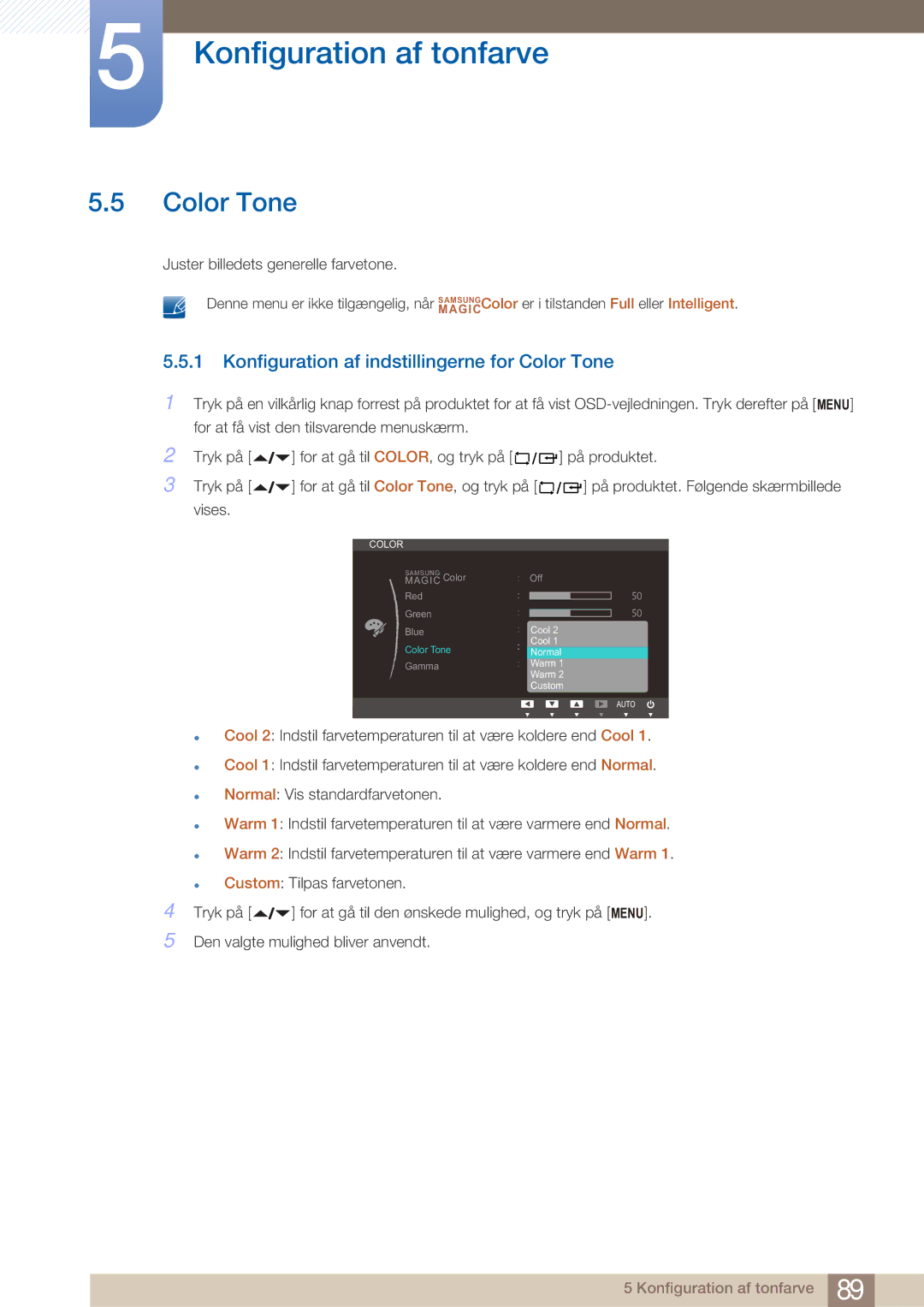 Samsung LF22NTBHBNM/EN manual Konfiguration af indstillingerne for Color Tone 