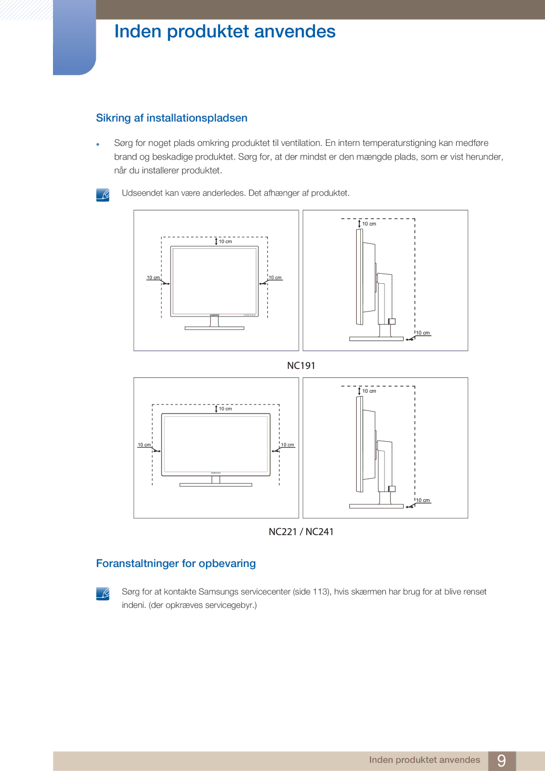 Samsung LF22NTBHBNM/EN manual Sikring af installationspladsen, Foranstaltninger for opbevaring 