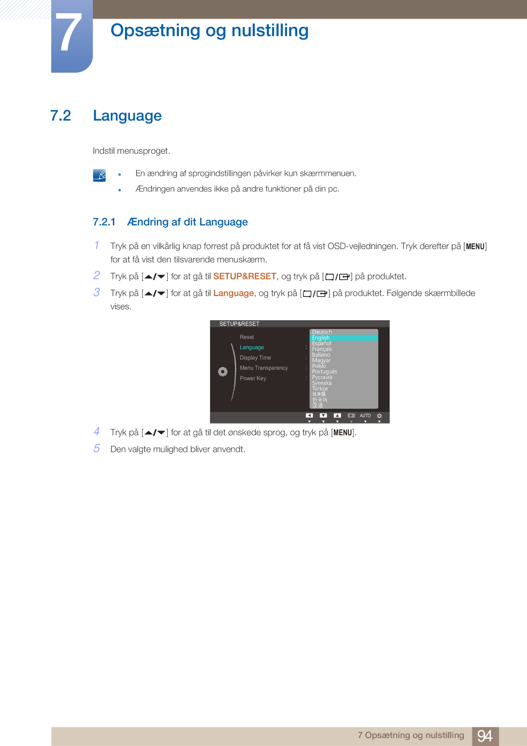 Samsung LF22NTBHBNM/EN manual 1 Ændring af dit Language 