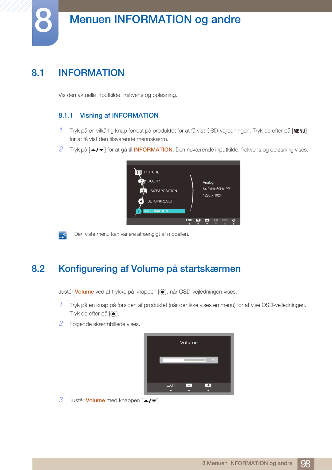 Samsung LF22NTBHBNM/EN manual Menuen Information og andre, Konfigurering af Volume på startskærmen, Visning af Information 