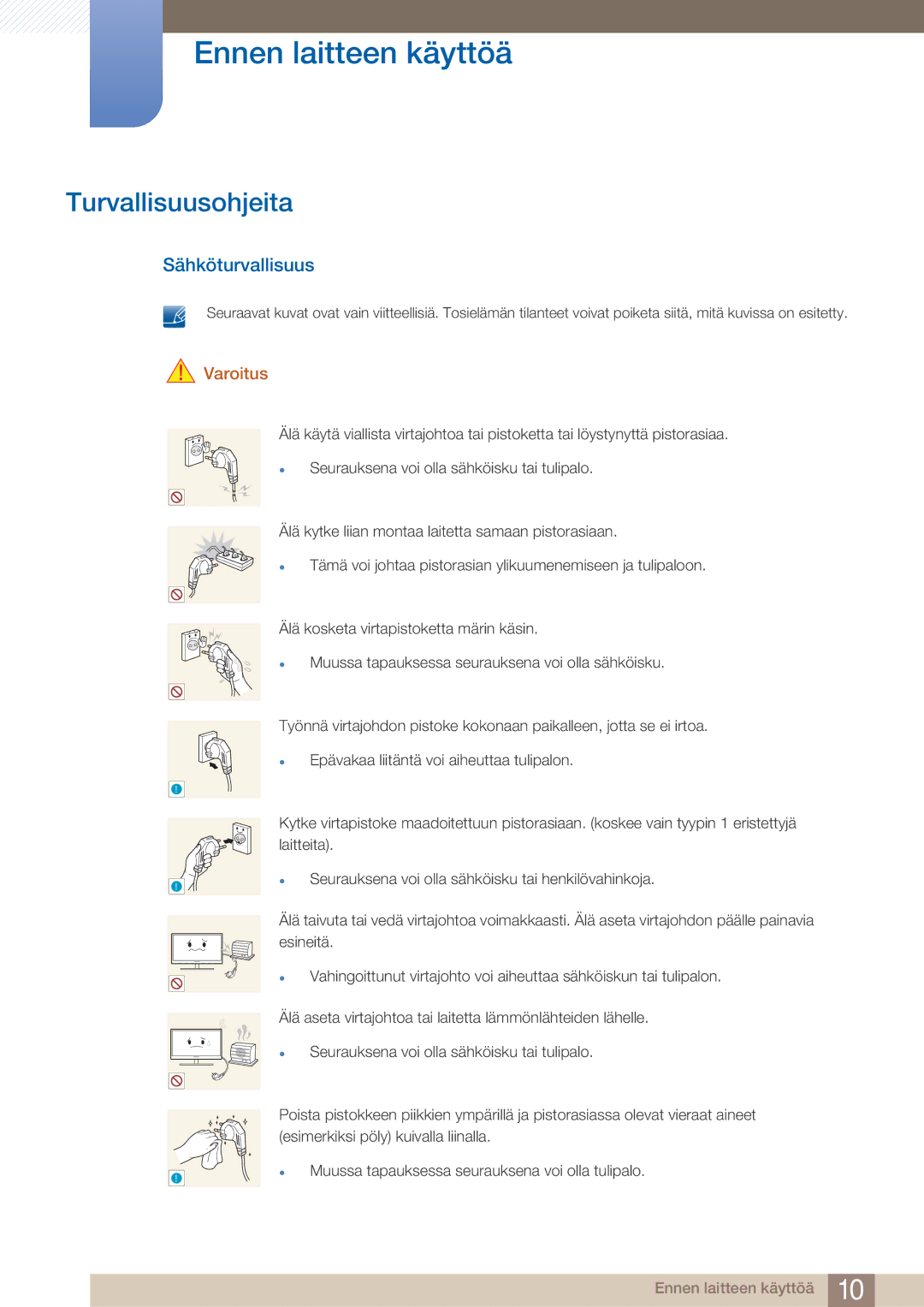 Samsung LF22NTBHBNM/EN manual Turvallisuusohjeita, Sähköturvallisuus, Varoitus 