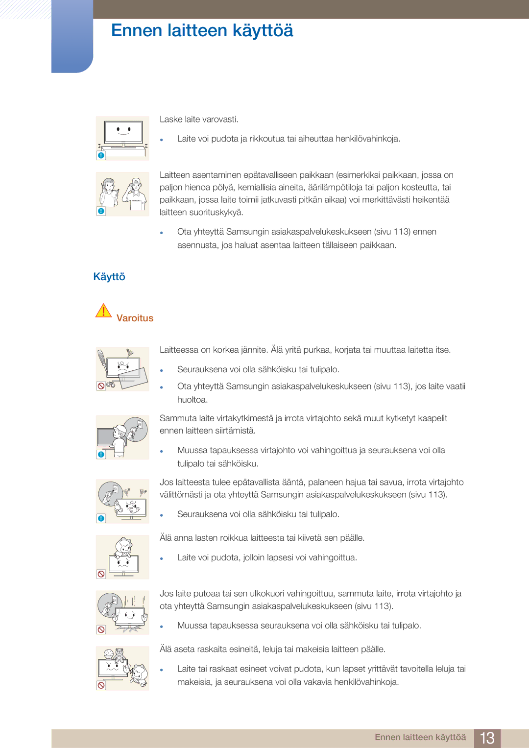 Samsung LF22NTBHBNM/EN manual Käyttö, Tulipalo tai sähköisku 