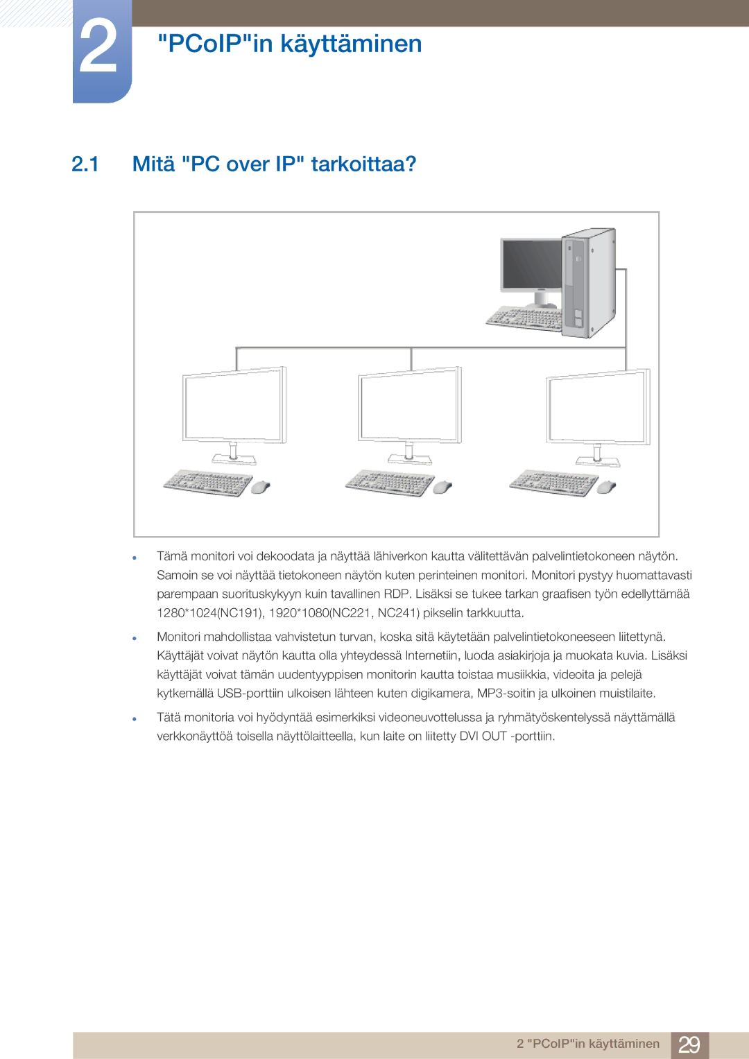 Samsung LF22NTBHBNM/EN manual PCoIPin käyttäminen, Mitä PC over IP tarkoittaa? 