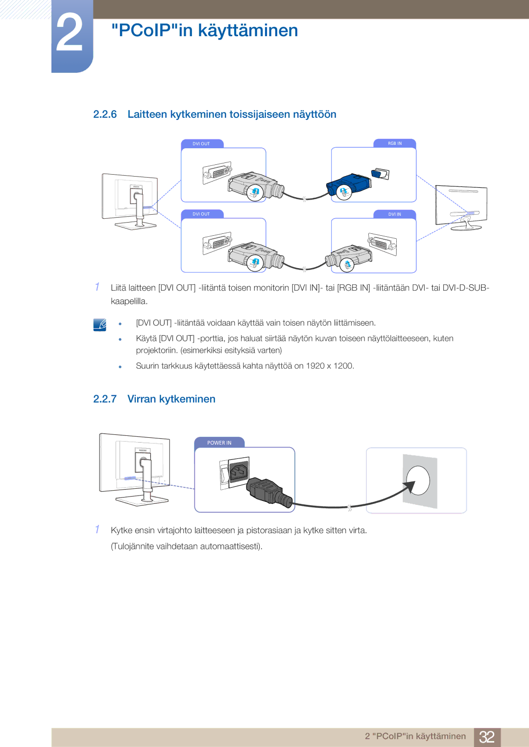 Samsung LF22NTBHBNM/EN manual Laitteen kytkeminen toissijaiseen näyttöön, Virran kytkeminen 