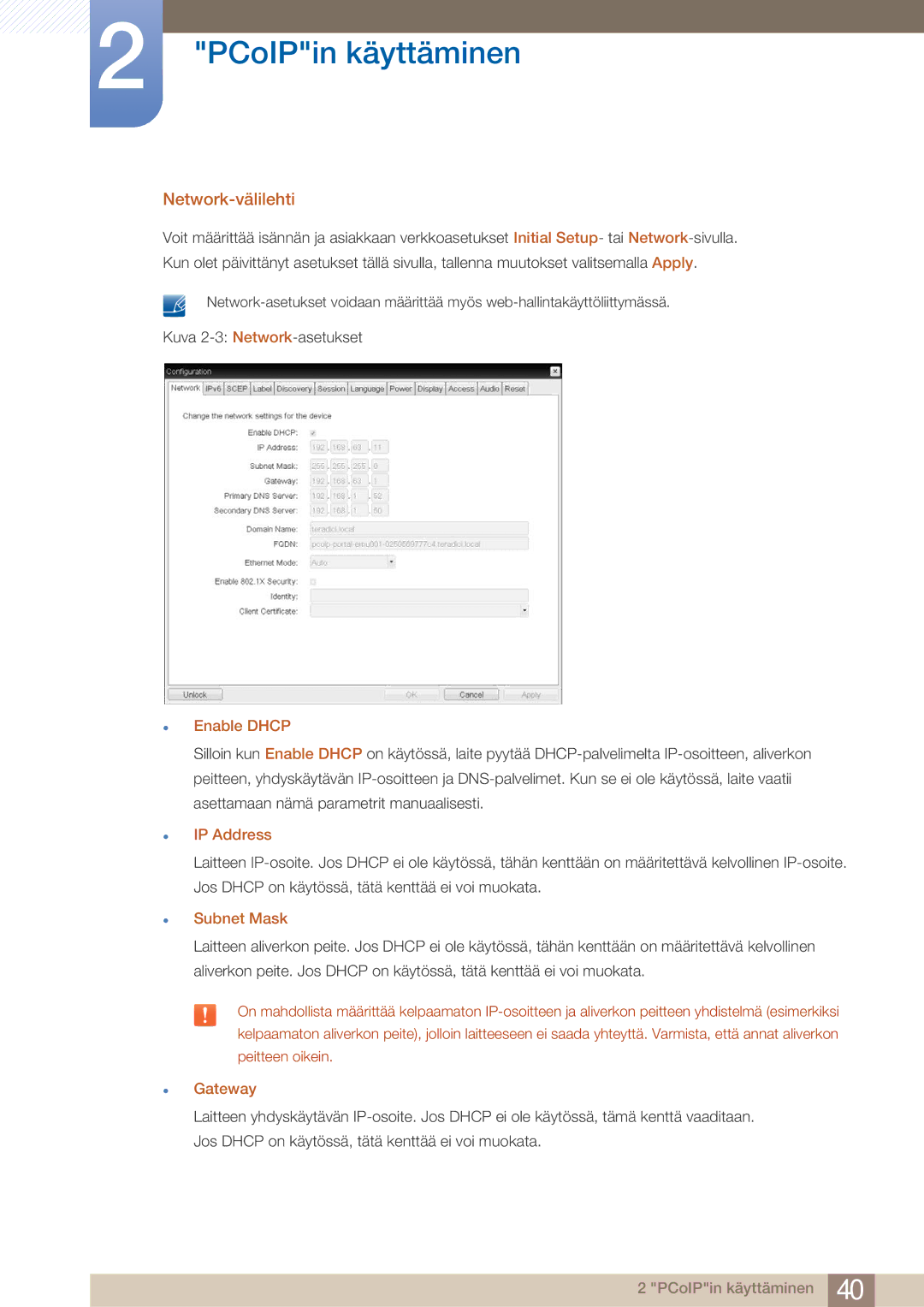 Samsung LF22NTBHBNM/EN manual Network-välilehti, Enable Dhcp, IP Address, Subnet Mask, Gateway 