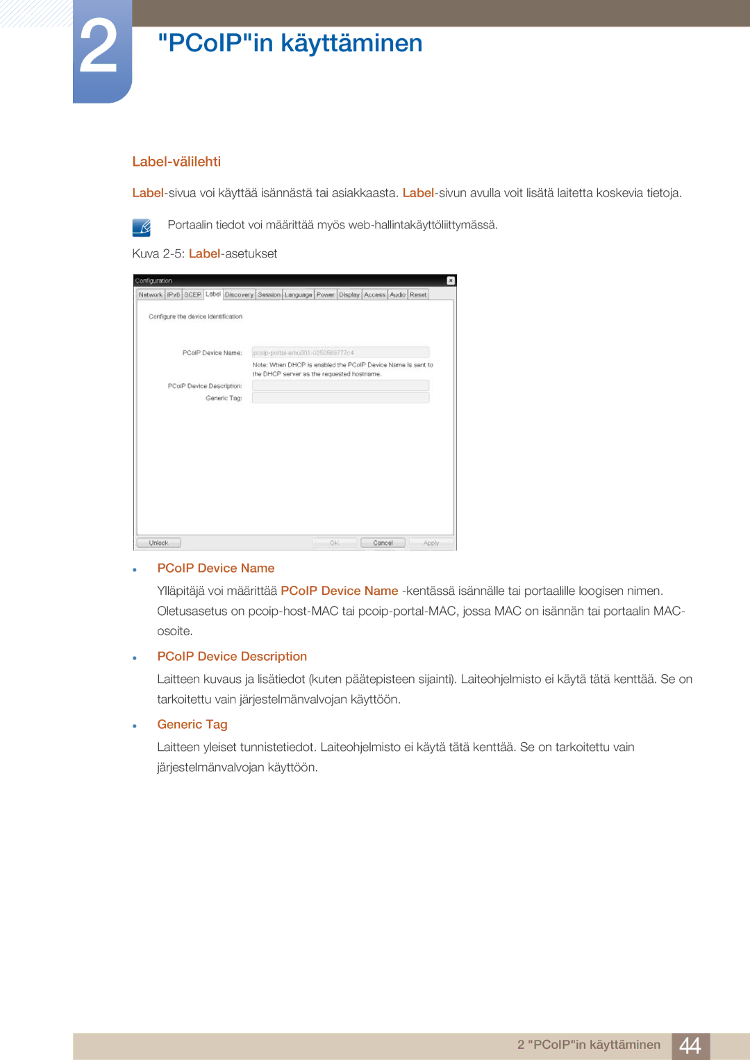 Samsung LF22NTBHBNM/EN manual Label-välilehti, PCoIP Device Name, PCoIP Device Description, Generic Tag 