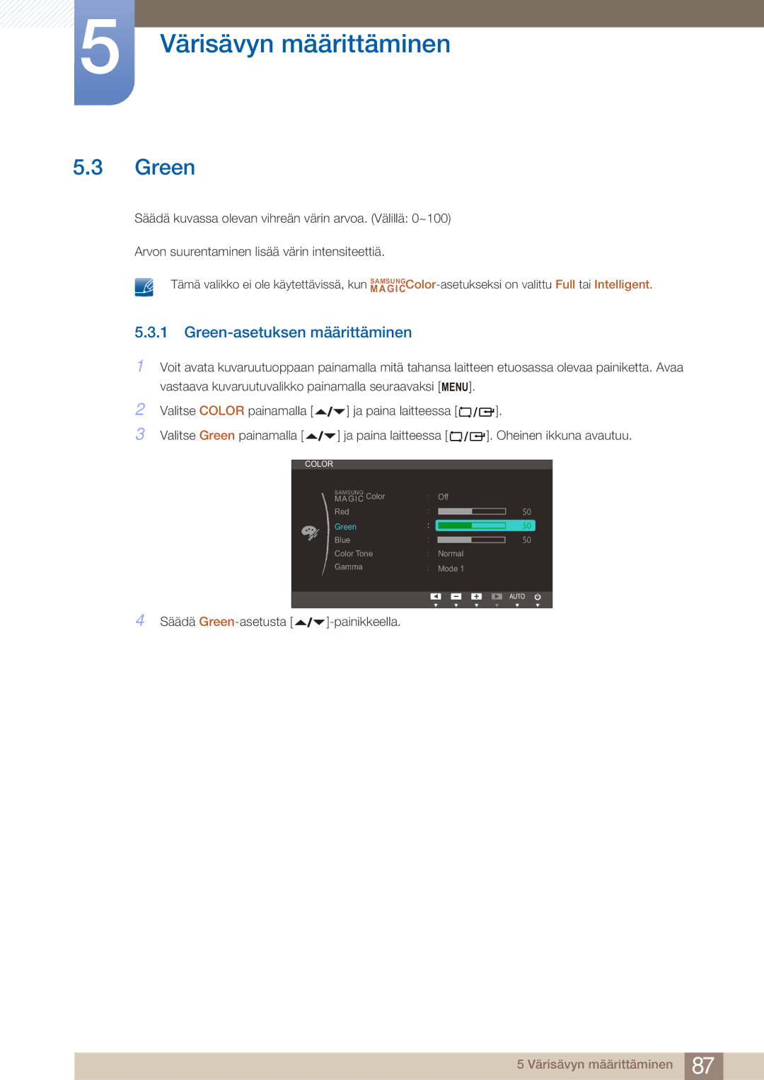 Samsung LF22NTBHBNM/EN manual Green-asetuksen määrittäminen 