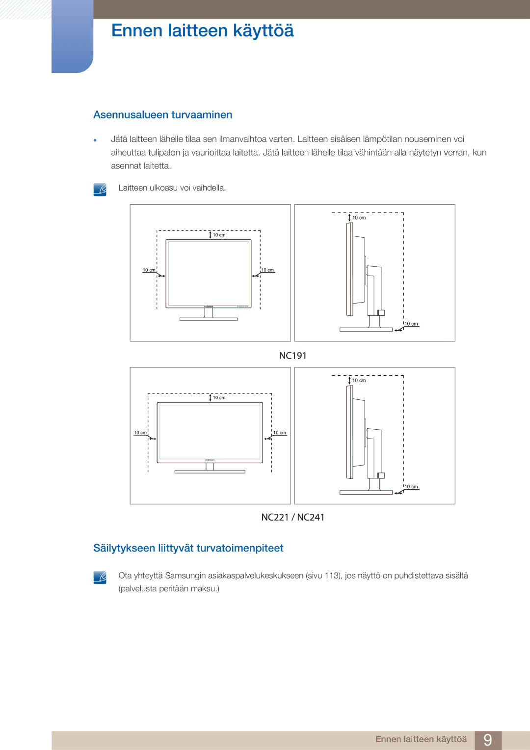 Samsung LF22NTBHBNM/EN manual Asennusalueen turvaaminen, Säilytykseen liittyvät turvatoimenpiteet 