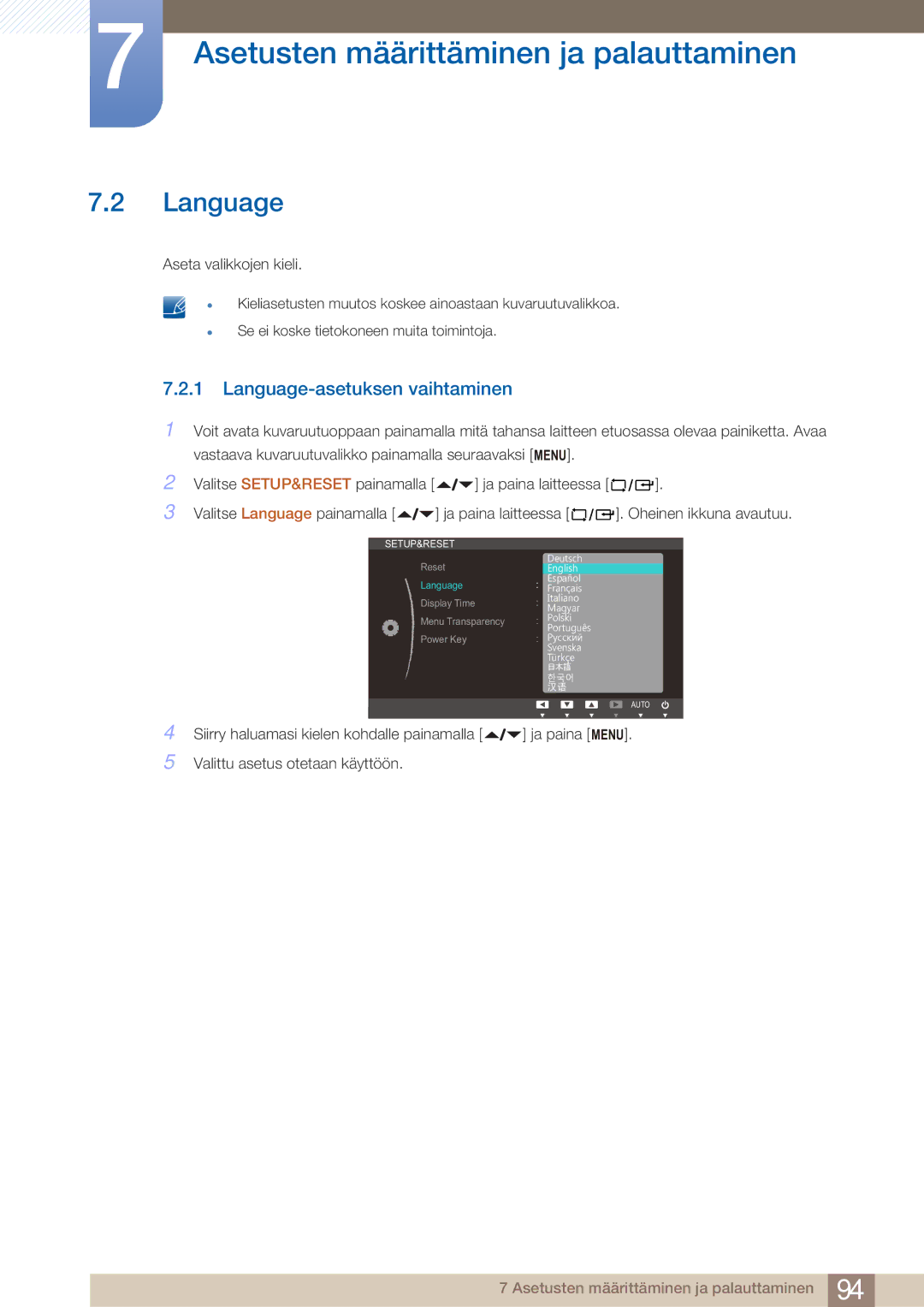 Samsung LF22NTBHBNM/EN manual Language-asetuksen vaihtaminen 