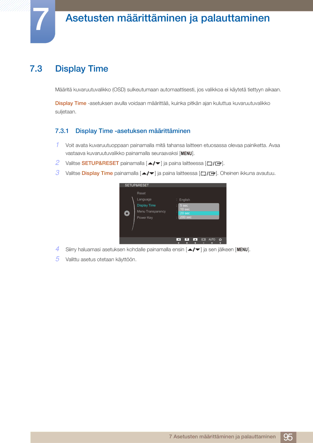 Samsung LF22NTBHBNM/EN manual Display Time -asetuksen määrittäminen 