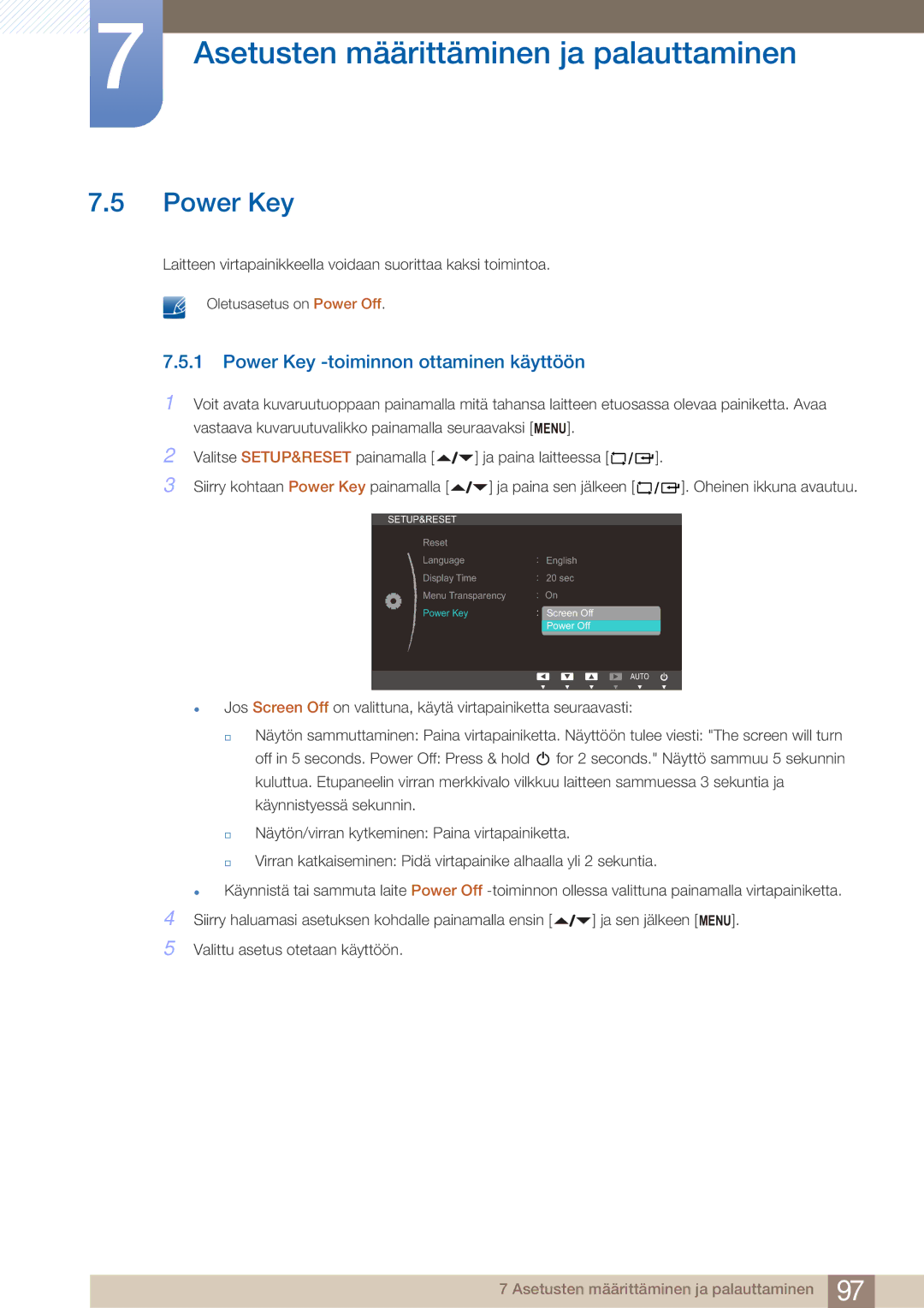 Samsung LF22NTBHBNM/EN manual Power Key -toiminnon ottaminen käyttöön 