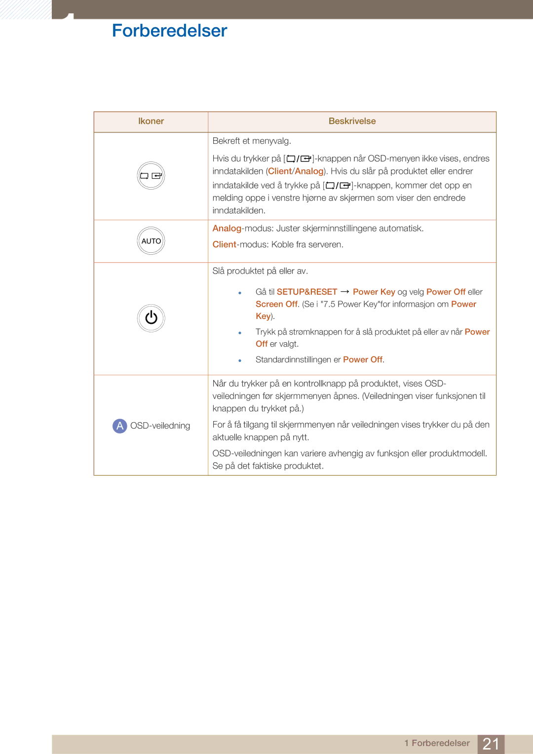 Samsung LF22NTBHBNM/EN manual Bekreft et menyvalg,  Gå til SETUP&RESET Power Key og velg Power Off eller 