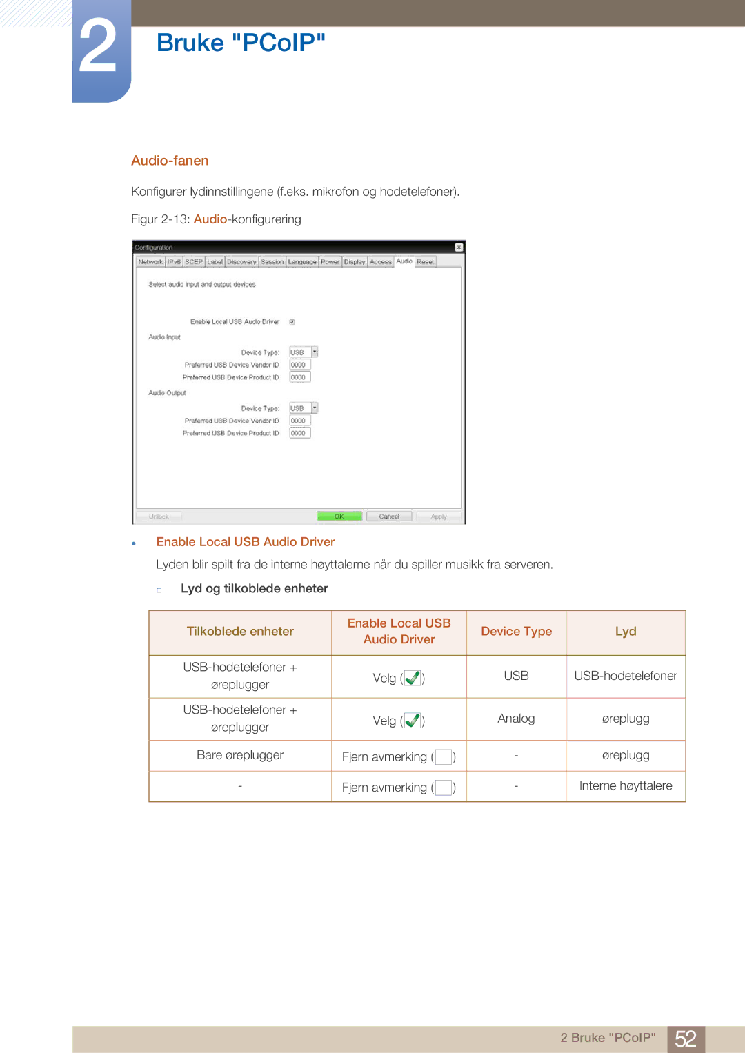 Samsung LF22NTBHBNM/EN manual Audio-fanen,  Enable Local USB Audio Driver, Enable Local USB Device Type 