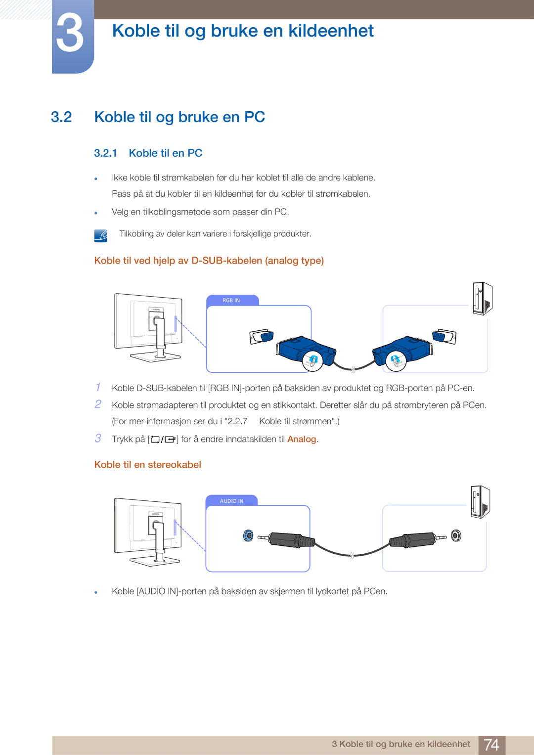 Samsung LF22NTBHBNM/EN manual Koble til og bruke en PC, Koble til en PC, Koble til ved hjelp av D-SUB-kabelen analog type 