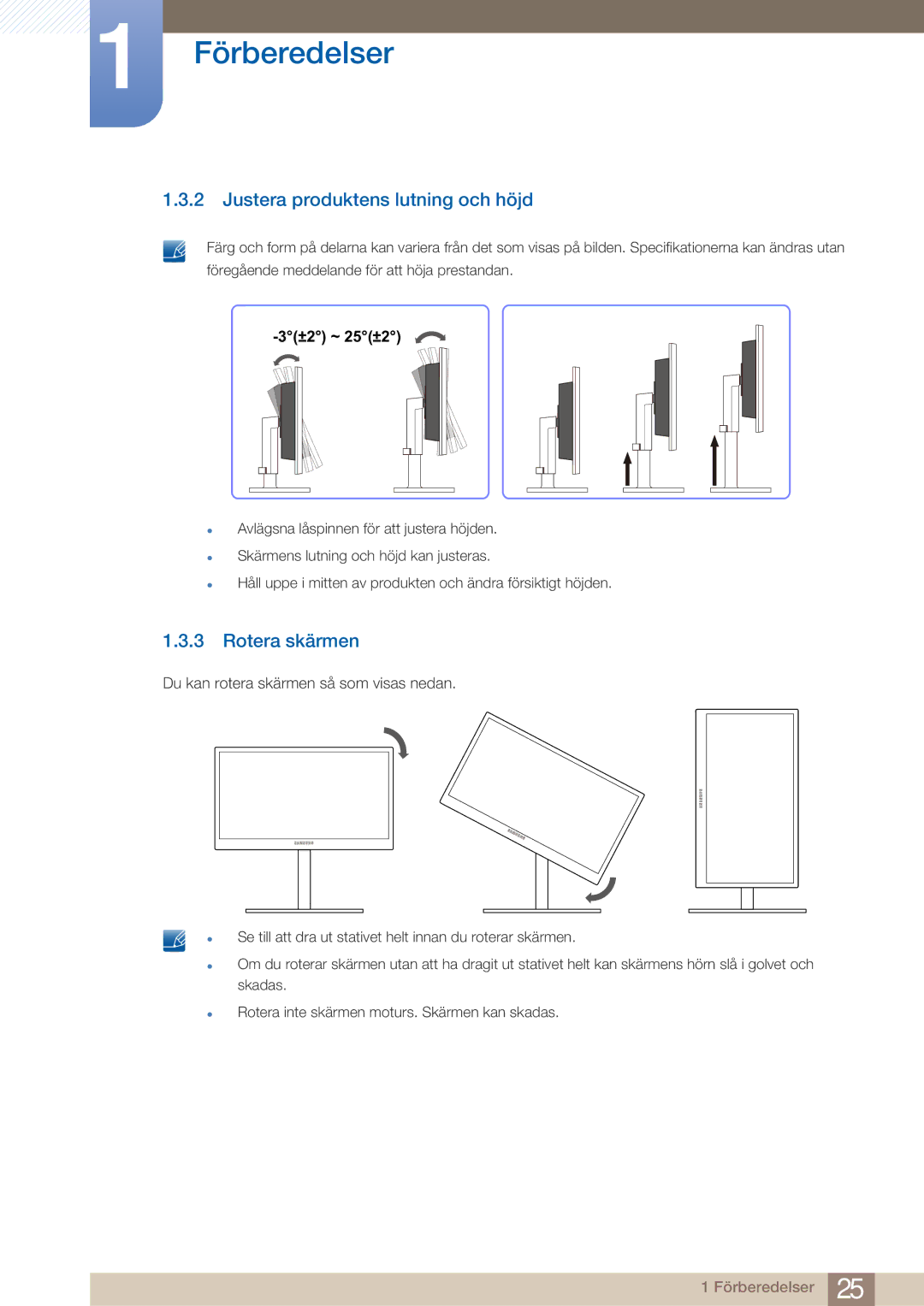 Samsung LF22NTBHBNM/EN manual Justera produktens lutning och höjd, Rotera skärmen 