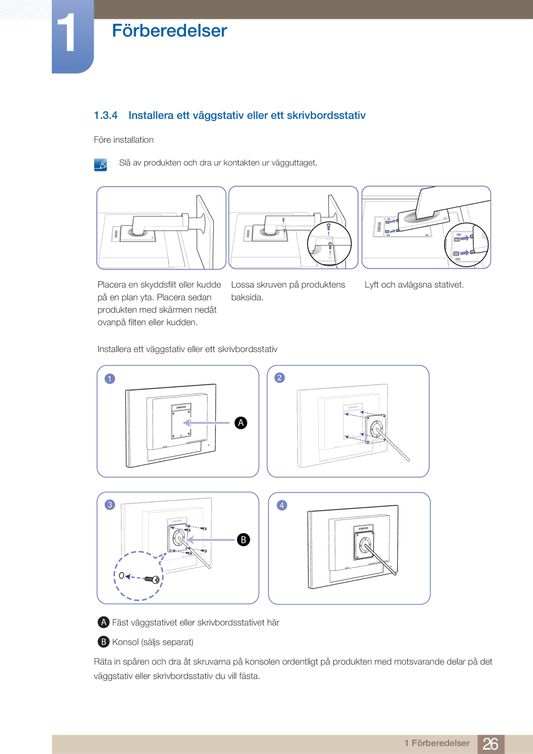 Samsung LF22NTBHBNM/EN manual Installera ett väggstativ eller ett skrivbordsstativ 