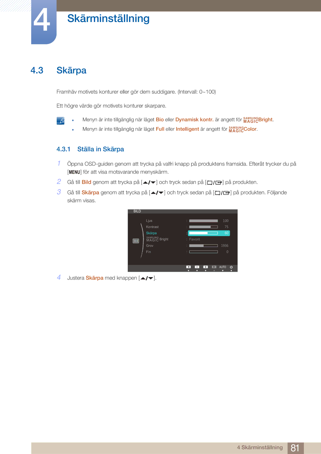 Samsung LF22NTBHBNM/EN manual 1 Ställa in Skärpa 