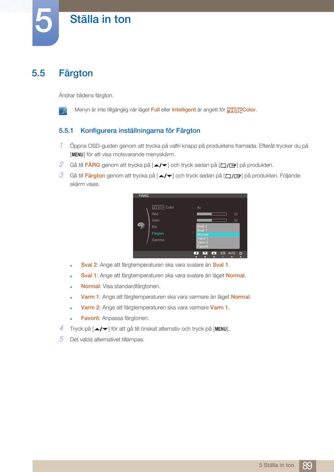 Samsung LF22NTBHBNM/EN manual Konfigurera inställningarna för Färgton 