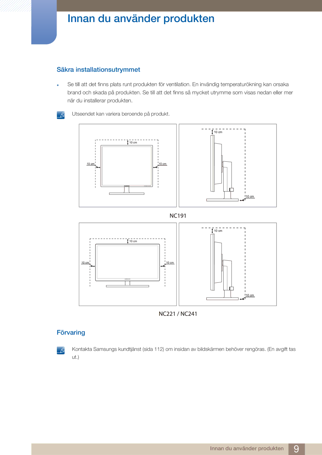 Samsung LF22NTBHBNM/EN manual Säkra installationsutrymmet, Förvaring 