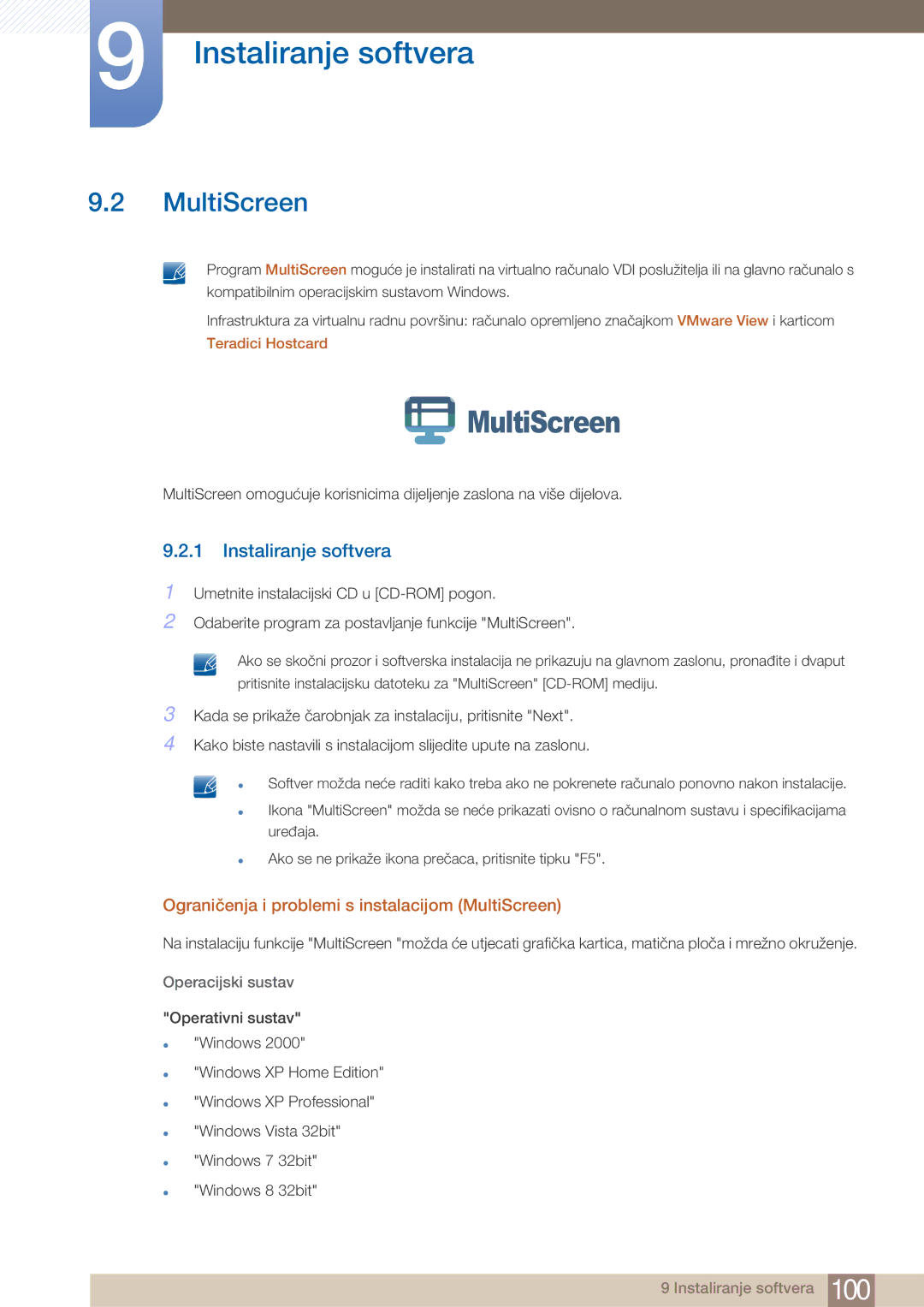 Samsung LF22NTBHBNM/EN manual Instaliranje softvera, Ograničenja i problemi s instalacijom MultiScreen 