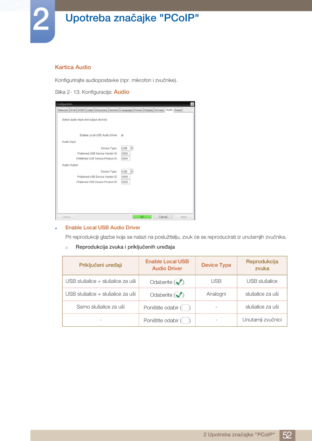 Samsung LF22NTBHBNM/EN manual Kartica Audio,  Enable Local USB Audio Driver, Enable Local USB Device Type 