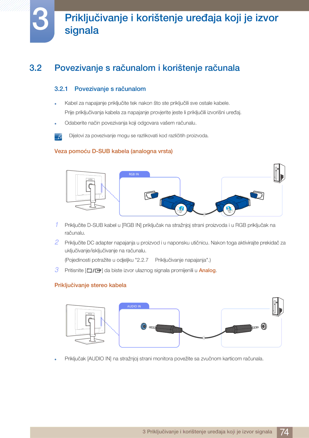 Samsung LF22NTBHBNM/EN manual Povezivanje s računalom i korištenje računala, Veza pomoću D-SUB kabela analogna vrsta 