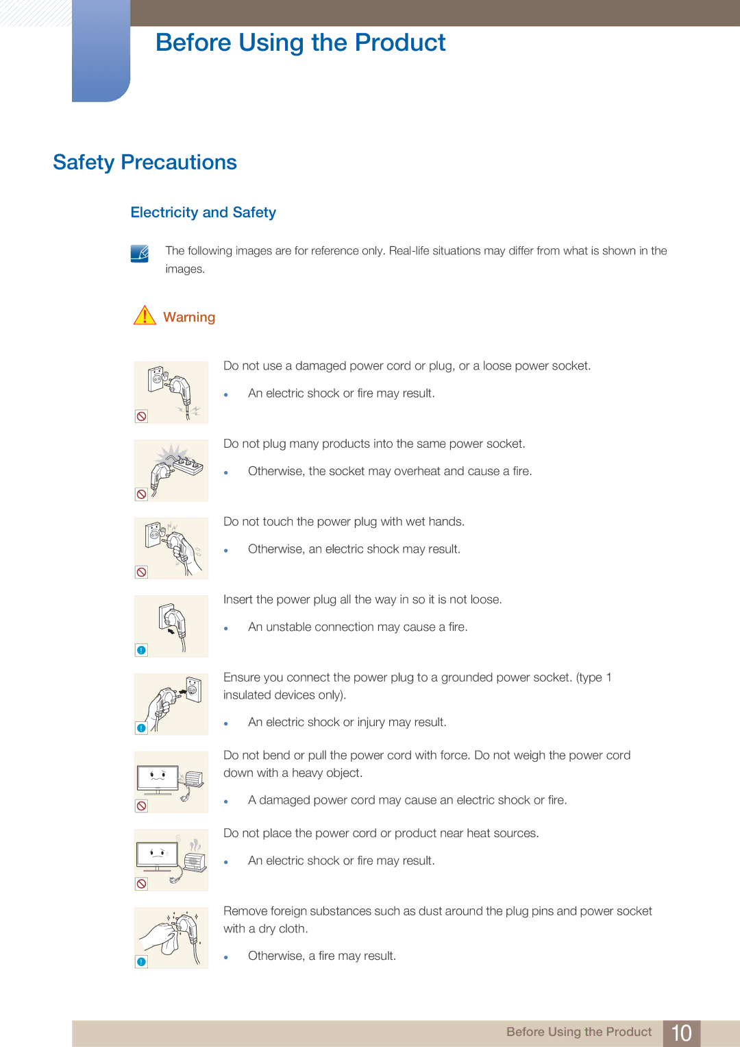 Samsung LF22NTBHBNU/XY, LF22NTBHBNU/EN, LF22NTBHBNM/EN, LF22FN1PFBZXEN manual Safety Precautions, Electricity and Safety 