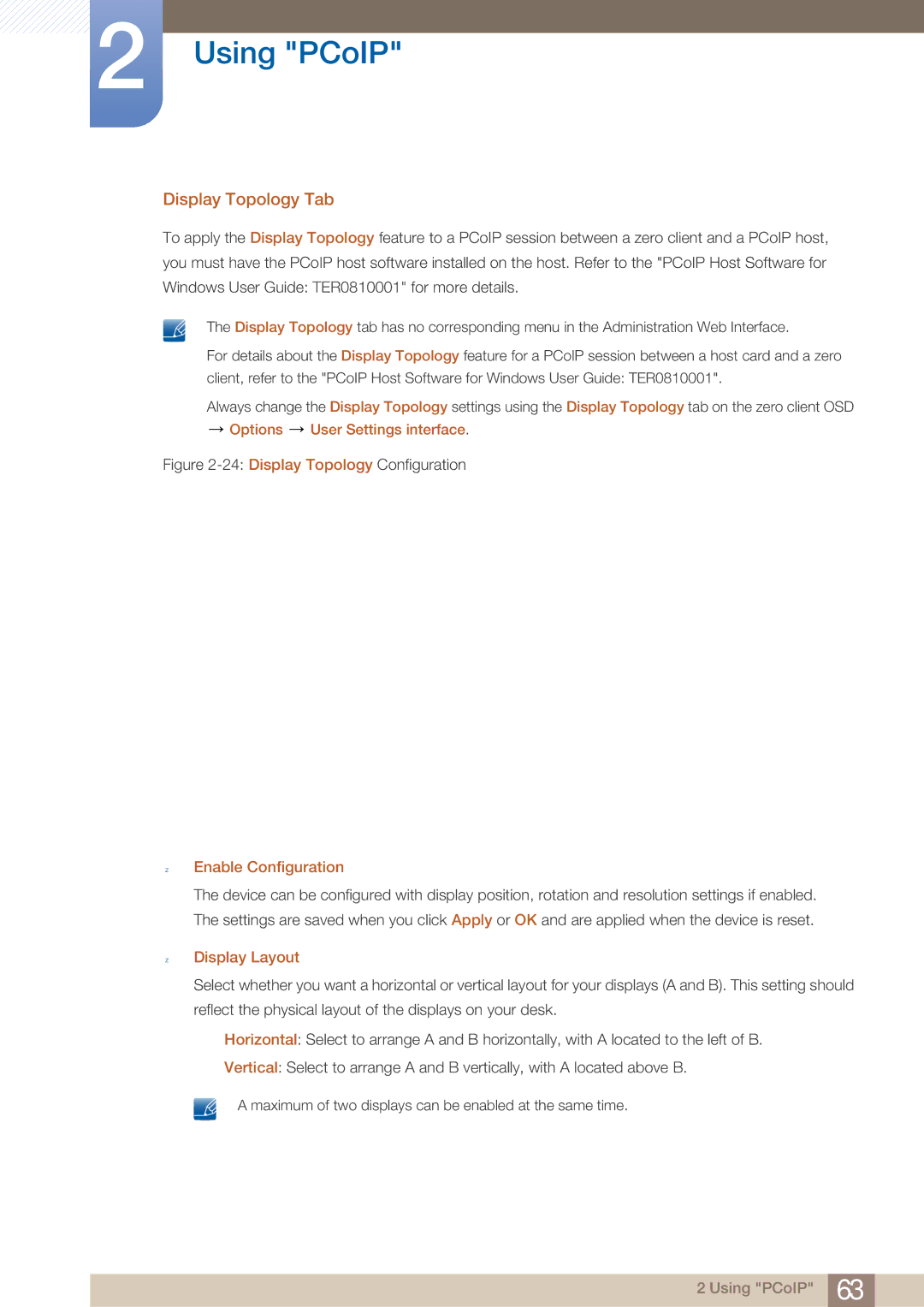 Samsung LF22FN1PFBZXXM Display Topology Tab, Options User Settings interface,  Enable Configuration,  Display Layout 