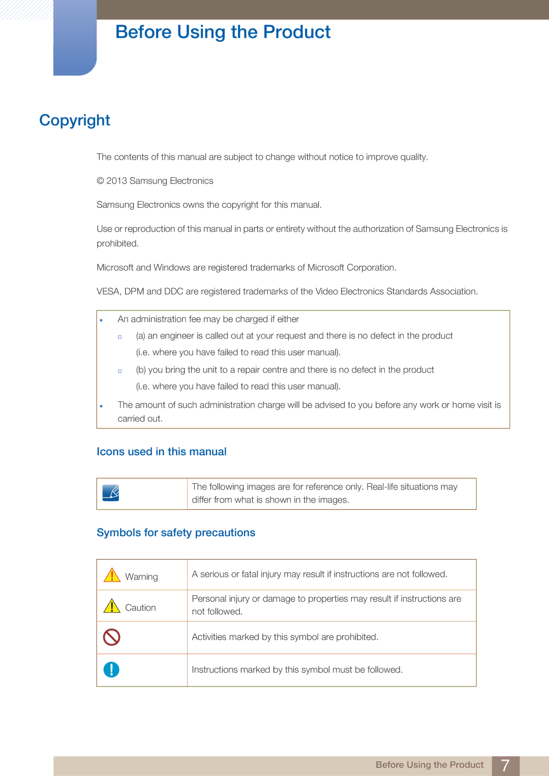 Samsung LF22NTBHBNM/EN Before Using the Product, Copyright, Icons used in this manual, Symbols for safety precautions 