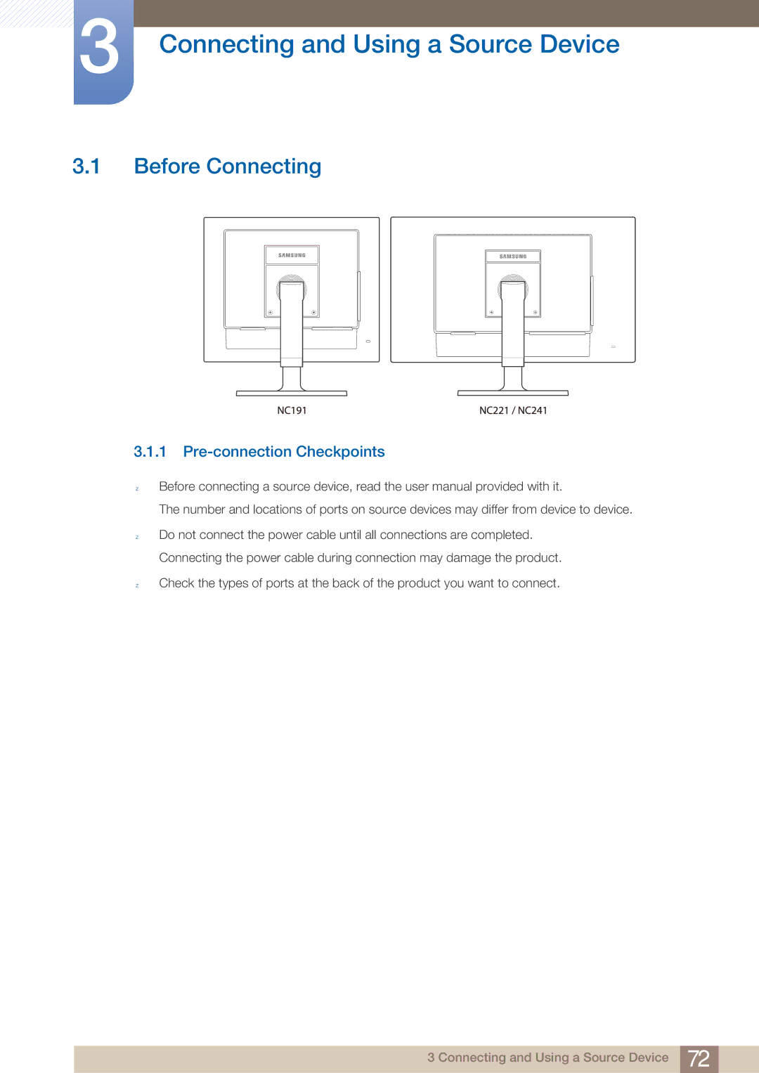 Samsung LF22NTBHBNU/EN, LF22NTBHBNM/EN Connecting and Using a Source Device, Before Connecting, Pre-connection Checkpoints 