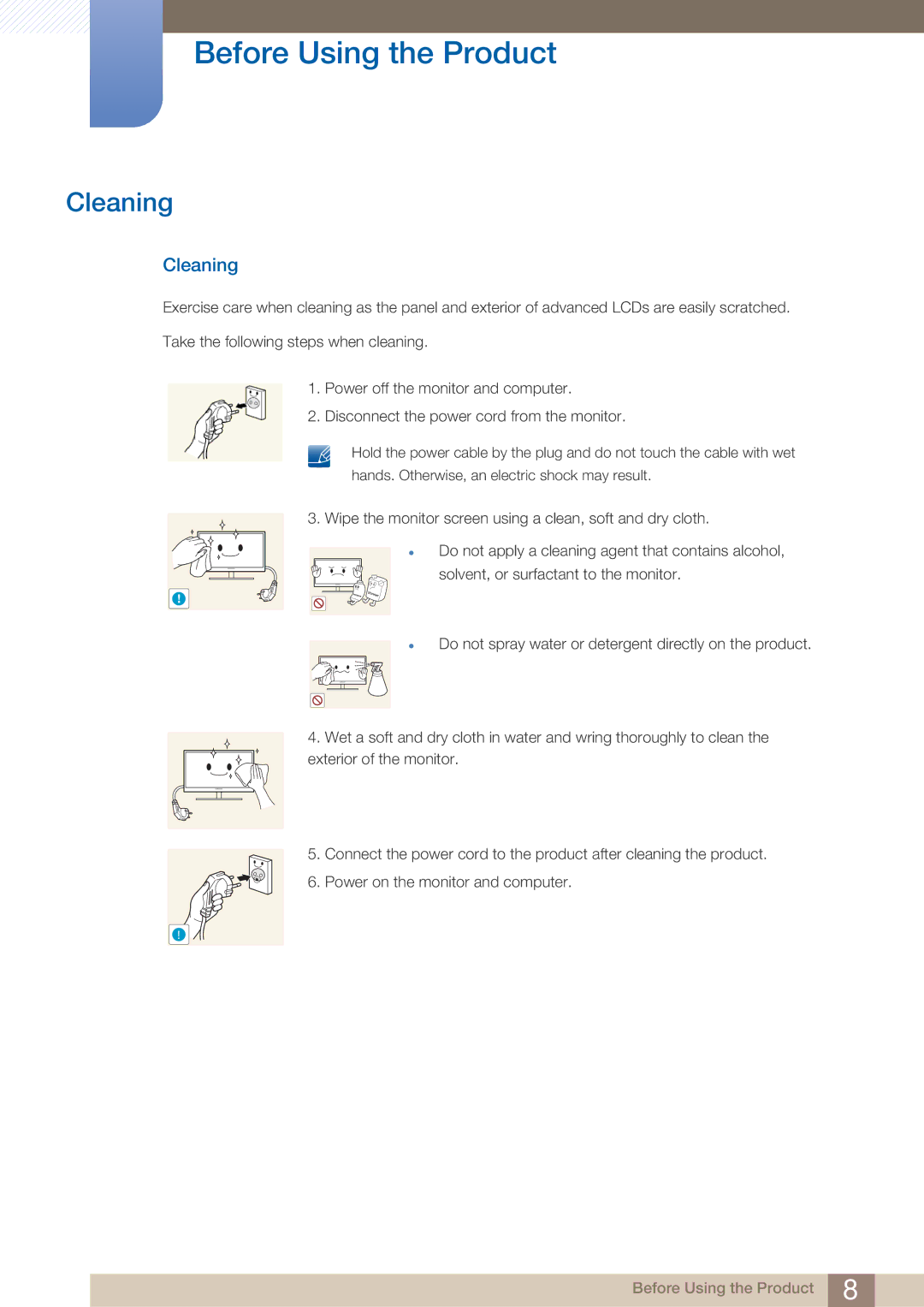 Samsung LF22FN1PFBZXEN, LF22NTBHBNU/EN, LF22NTBHBNM/EN, LF22FN1PFBZXXM, LF22NTBHBNU/XY, LF22NTBHBNM/XY manual Cleaning 