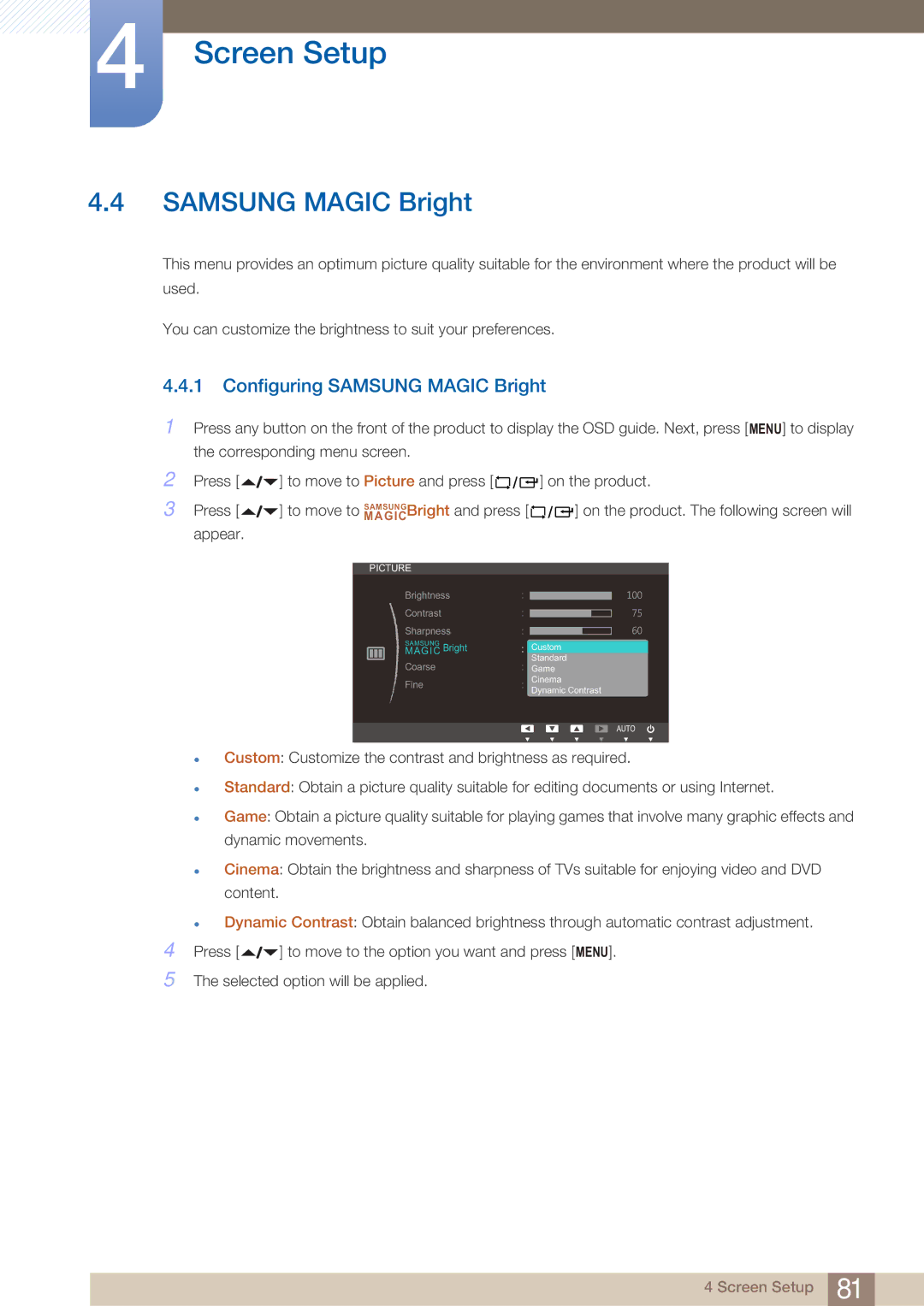 Samsung LF22FN1PFBZXXM, LF22NTBHBNU/EN, LF22NTBHBNM/EN, LF22FN1PFBZXEN, LF22NTBHBNU/XY Configuring Samsung Magic Bright 