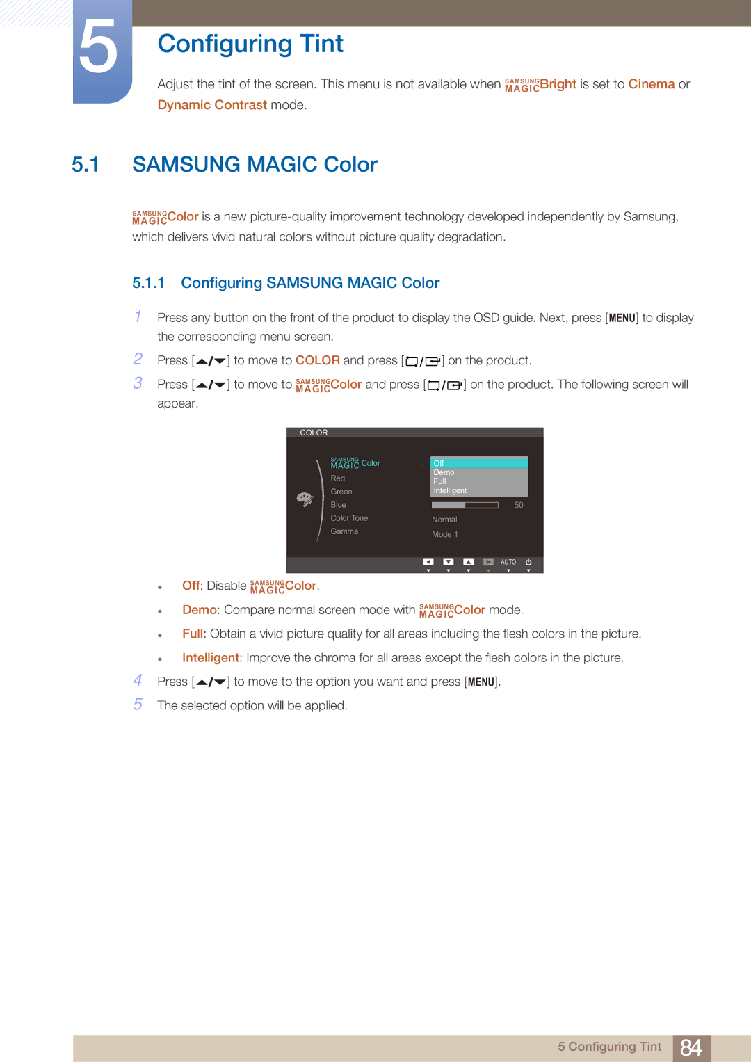 Samsung LF22NTBHBNU/EN, LF22NTBHBNM/EN, LF22FN1PFBZXEN, LF22FN1PFBZXXM Configuring Tint, Configuring Samsung Magic Color 