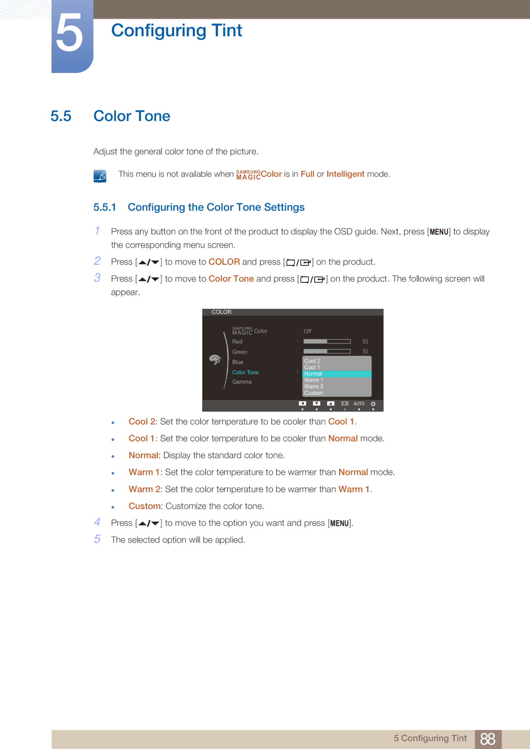 Samsung LF22NTBHBNU/XY, LF22NTBHBNU/EN, LF22NTBHBNM/EN, LF22FN1PFBZXEN manual Configuring the Color Tone Settings 