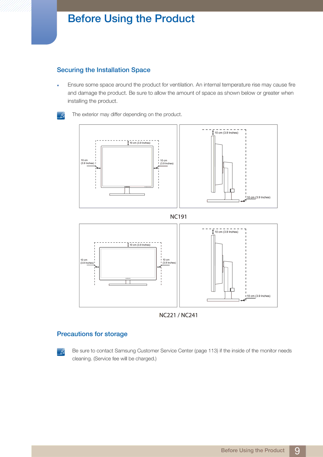 Samsung LF22FN1PFBZXXM, LF22NTBHBNU/EN, LF22NTBHBNM/EN manual Securing the Installation Space, Precautions for storage 