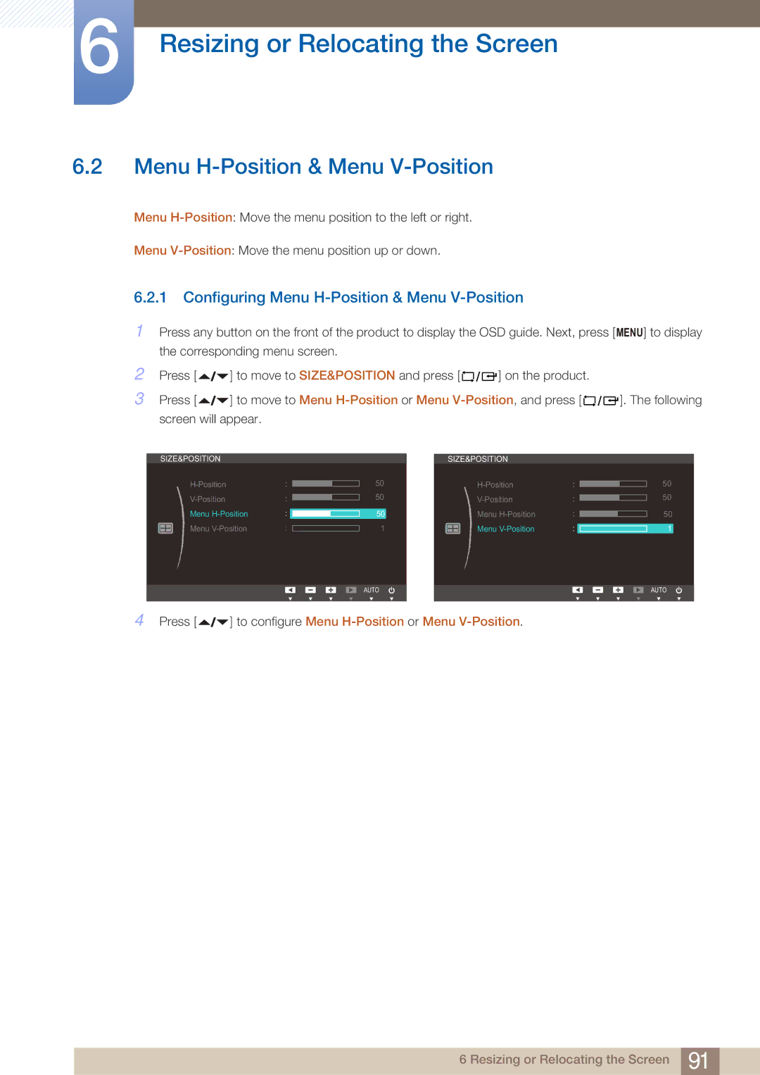 Samsung LF22NTBHBNM/EN Configuring Menu H-Position & Menu V-Position, To configure Menu H-Position or Menu V-Position 