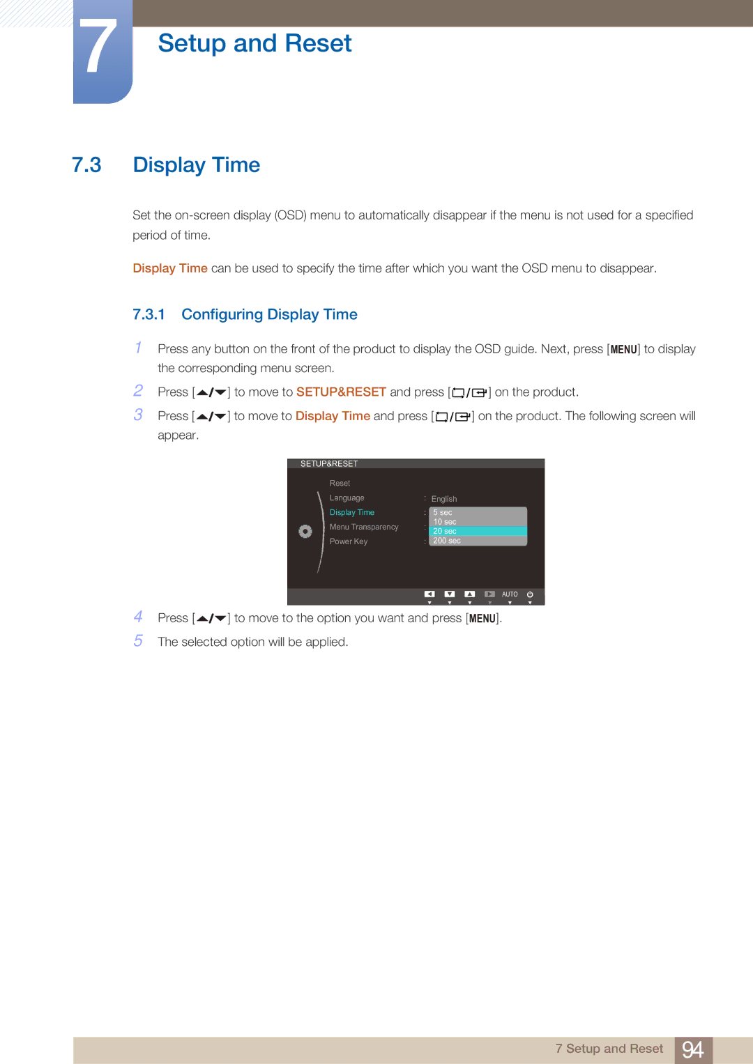 Samsung LF22NTBHBNU/XY, LF22NTBHBNU/EN, LF22NTBHBNM/EN, LF22FN1PFBZXEN, LF22FN1PFBZXXM manual Configuring Display Time 