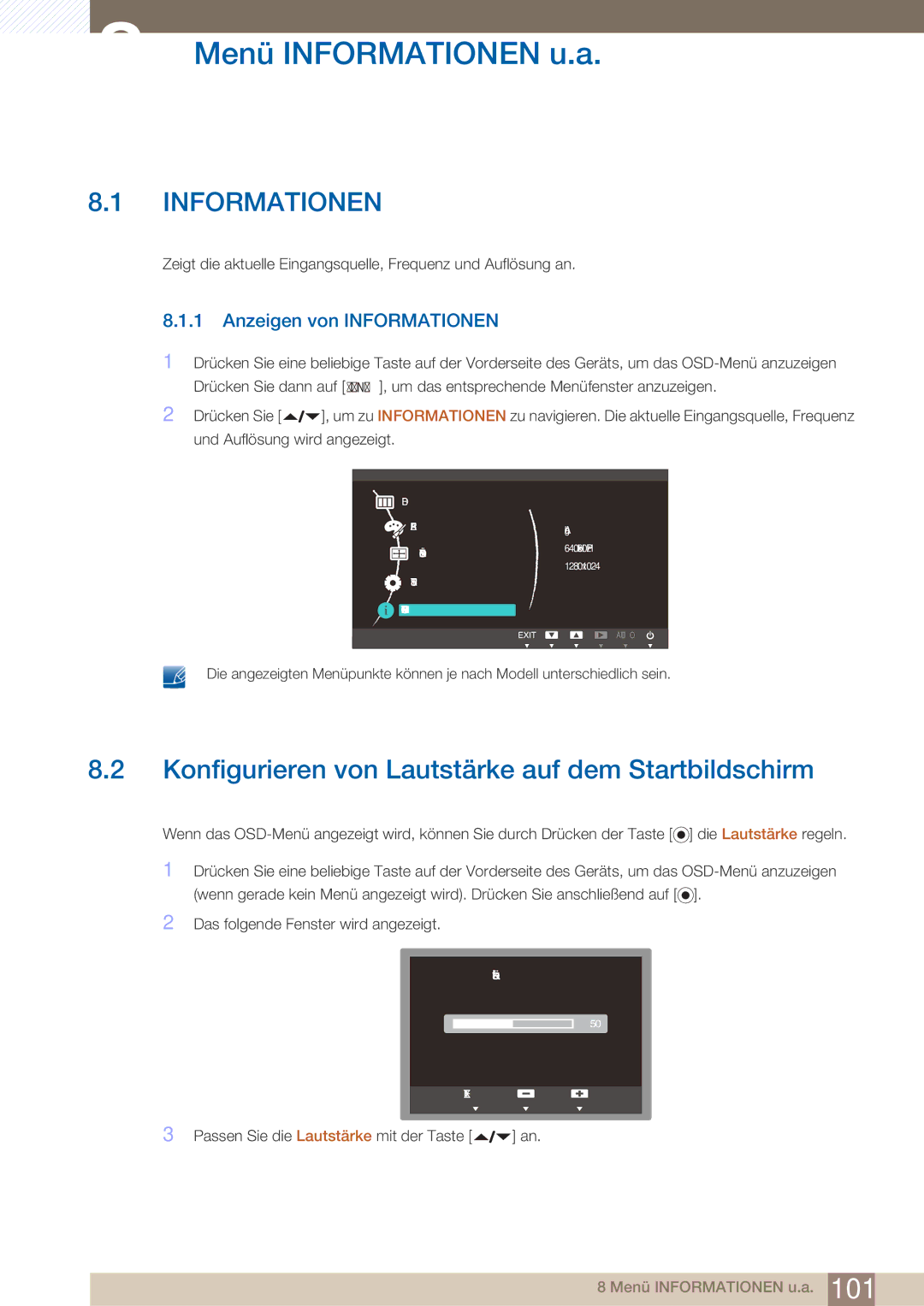 Samsung LF22FN1PFBZXEN, LF22NTBHBNU/EN manual Menü Informationen u.a, Konfigurieren von Lautstärke auf dem Startbildschirm 